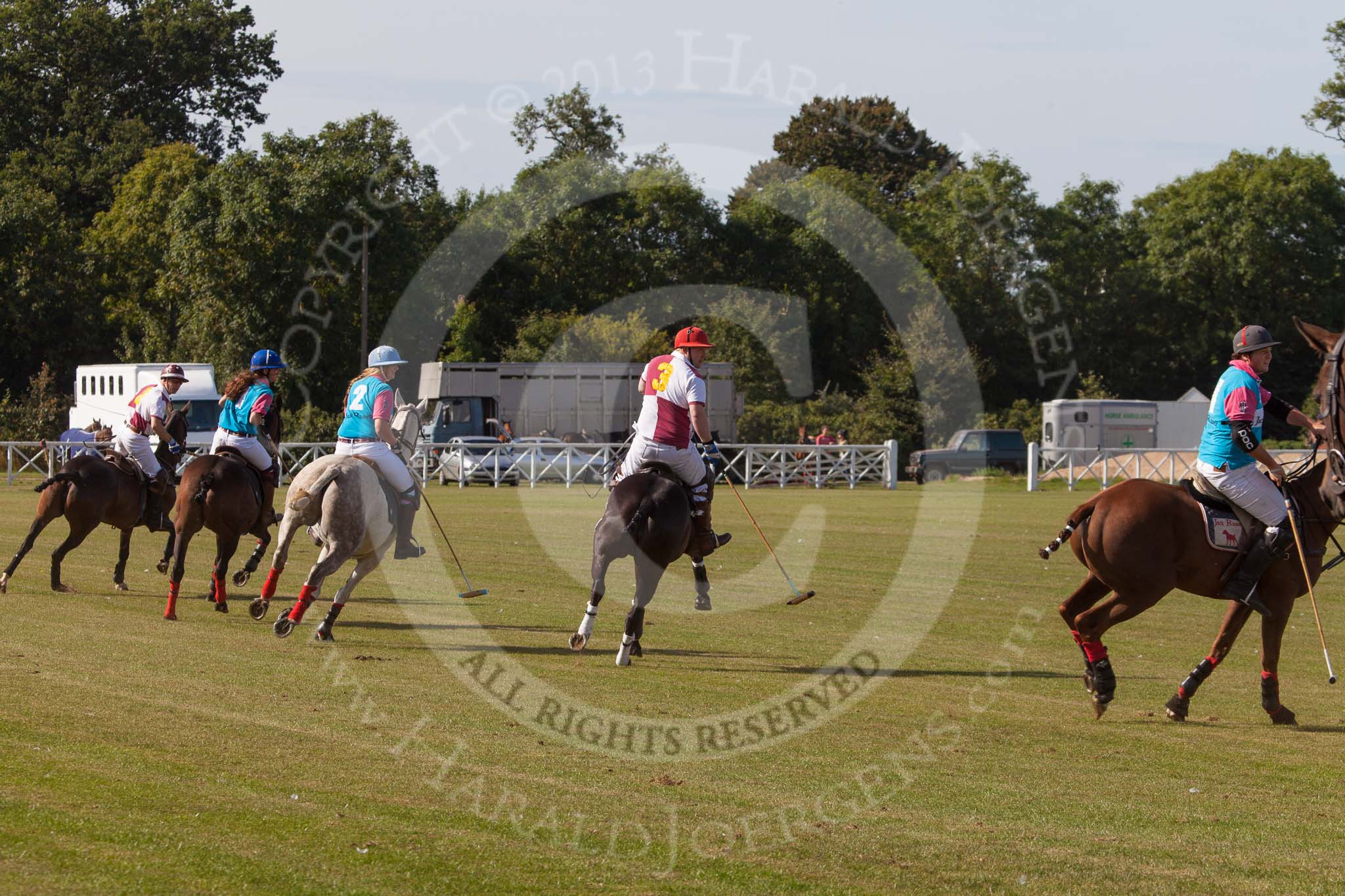 DBPC Polo in the Park 2013, Subsidiary Final Amaranther Trophy (0 Goal), Leadenham vs Kingsbridge: Kingsbridge's Stewert Hickman, Leadenham's Emma Atkins and Francis Wilson, Kingsbridge's Jon Hickman and Leadenham's William Brasher..
Dallas Burston Polo Club, ,
Southam,
Warwickshire,
United Kingdom,
on 01 September 2013 at 10:28, image #36