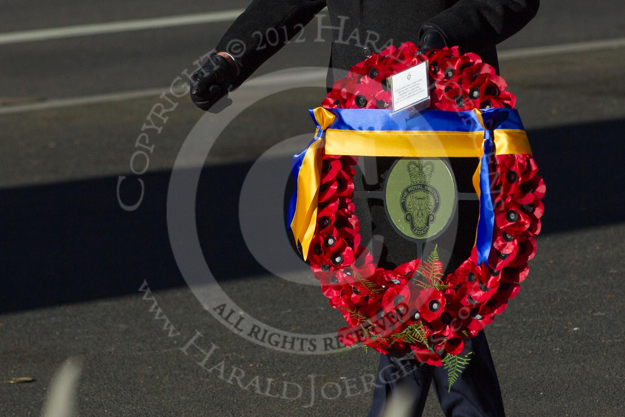 Remembrance Sunday 2012 Cenotaph March Past: The wreath to be laid by the Vice-Admiral Wilkinson. "With sincere sympathy from the National President and the Board of Trustees of the Royal British Legion"..
Whitehall, Cenotaph,
London SW1,

United Kingdom,
on 11 November 2012 at 11:27, image #7