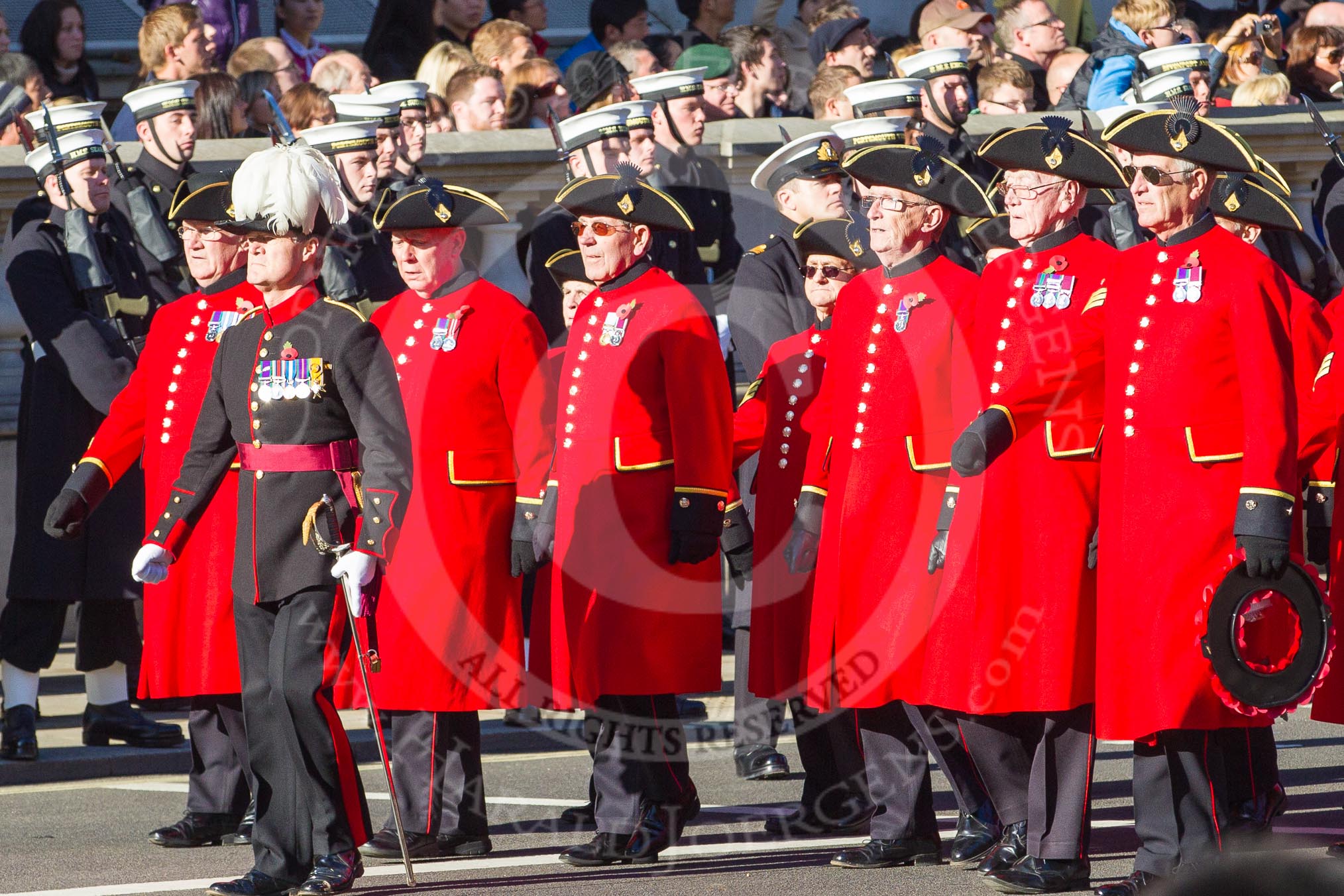 Remembrance Sunday 2012 Cenotaph March Past: Group E43 - Royal Hospital, Chelsea (Chelsea Pensioners)..
Whitehall, Cenotaph,
London SW1,

United Kingdom,
on 11 November 2012 at 11:43, image #332