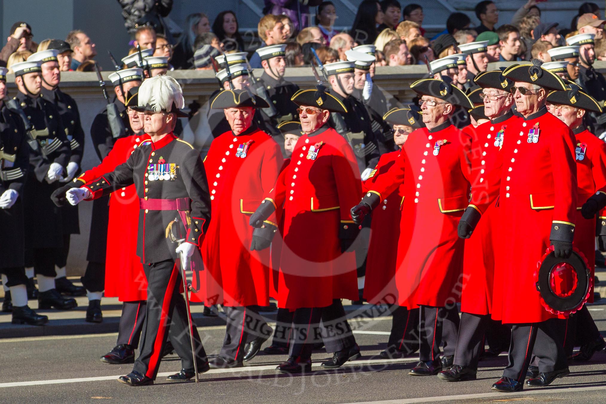 Remembrance Sunday 2012 Cenotaph March Past: Group E43 - Royal Hospital, Chelsea (Chelsea Pensioners)..
Whitehall, Cenotaph,
London SW1,

United Kingdom,
on 11 November 2012 at 11:43, image #334