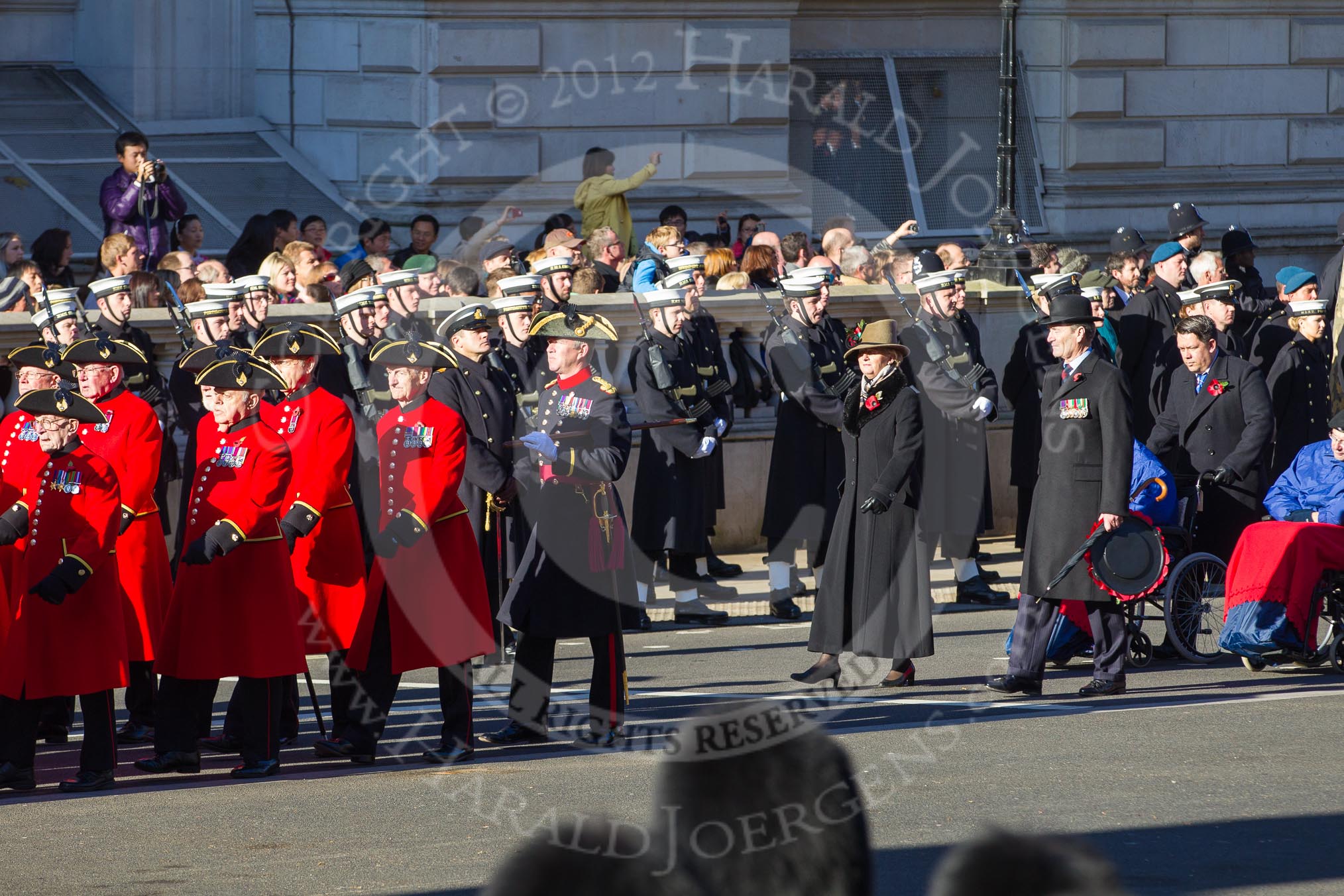 Remembrance Sunday 2012 Cenotaph March Past: Group E43 - Royal Hospital, Chelsea (Chelsea Pensioners) and E44 - Queen Alexandra's Hospital Home for Disabled Ex-Servicemen & Women..
Whitehall, Cenotaph,
London SW1,

United Kingdom,
on 11 November 2012 at 11:44, image #346