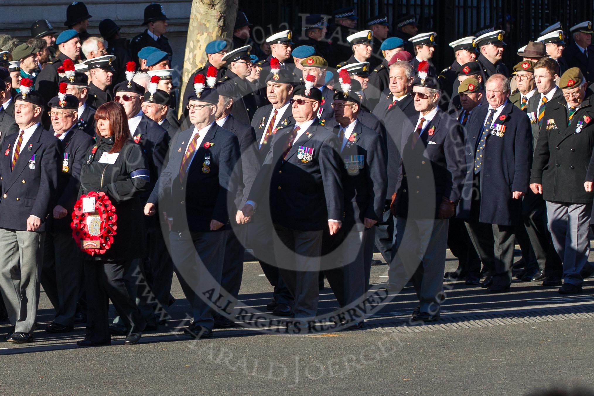 Remembrance Sunday 2012 Cenotaph March Past: Group A7 - Royal Northumberland Fusiliers  and A8 - 
The Duke of Lancaster's Regimental Association..
Whitehall, Cenotaph,
London SW1,

United Kingdom,
on 11 November 2012 at 11:49, image #580