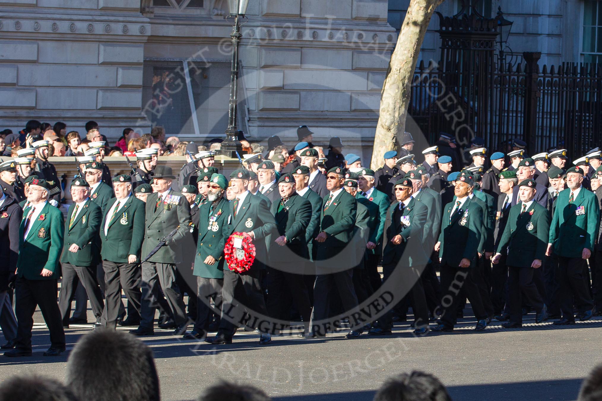 Remembrance Sunday 2012 Cenotaph March Past: Groups A16 - A19: Royal Irish Regiment Association/
Durham Light Infantry Association/King's Royal Rifle Corps Association/Royal Green Jackets Association..
Whitehall, Cenotaph,
London SW1,

United Kingdom,
on 11 November 2012 at 11:50, image #655
