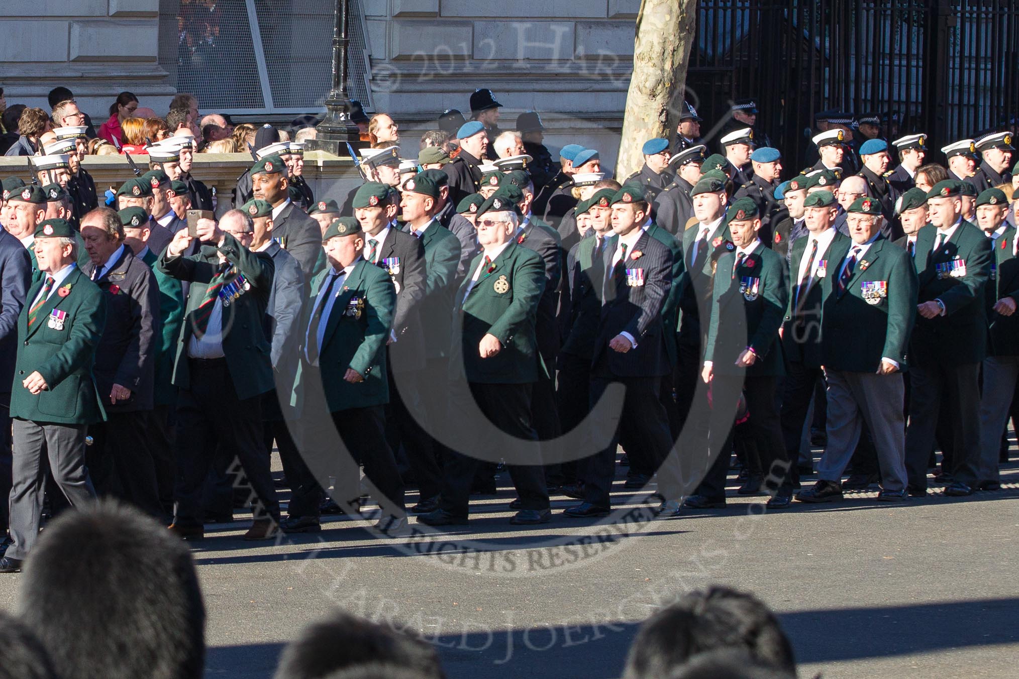 Remembrance Sunday 2012 Cenotaph March Past: Groups A16 - A19: Royal Irish Regiment Association/
Durham Light Infantry Association/King's Royal Rifle Corps Association/Royal Green Jackets Association..
Whitehall, Cenotaph,
London SW1,

United Kingdom,
on 11 November 2012 at 11:50, image #665