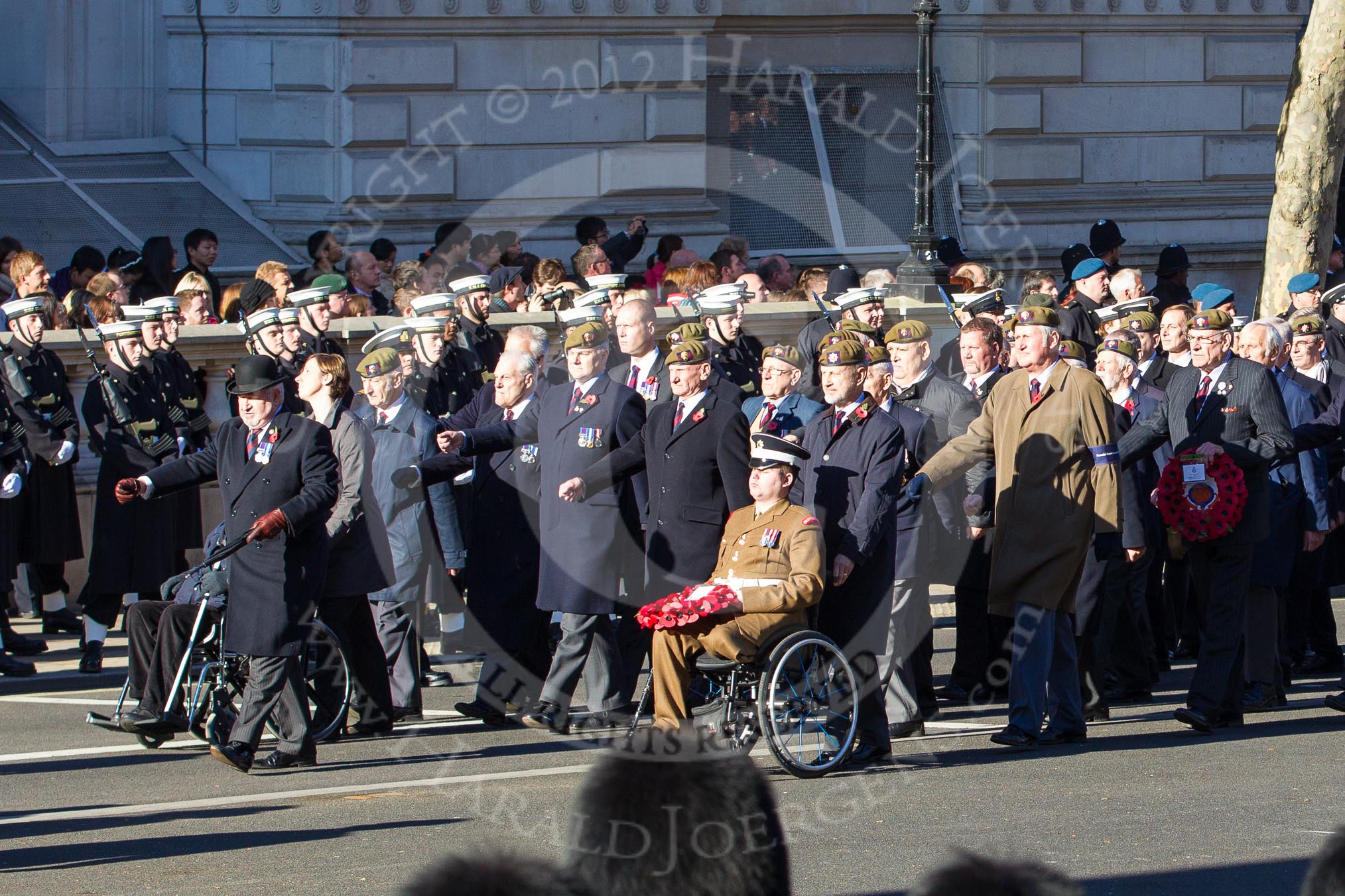 Remembrance Sunday 2012 Cenotaph March Past: Group A25 - Argyll & Sutherland Highlanders Regimental Association and A26 - Grenadier Guards Association..
Whitehall, Cenotaph,
London SW1,

United Kingdom,
on 11 November 2012 at 11:52, image #742