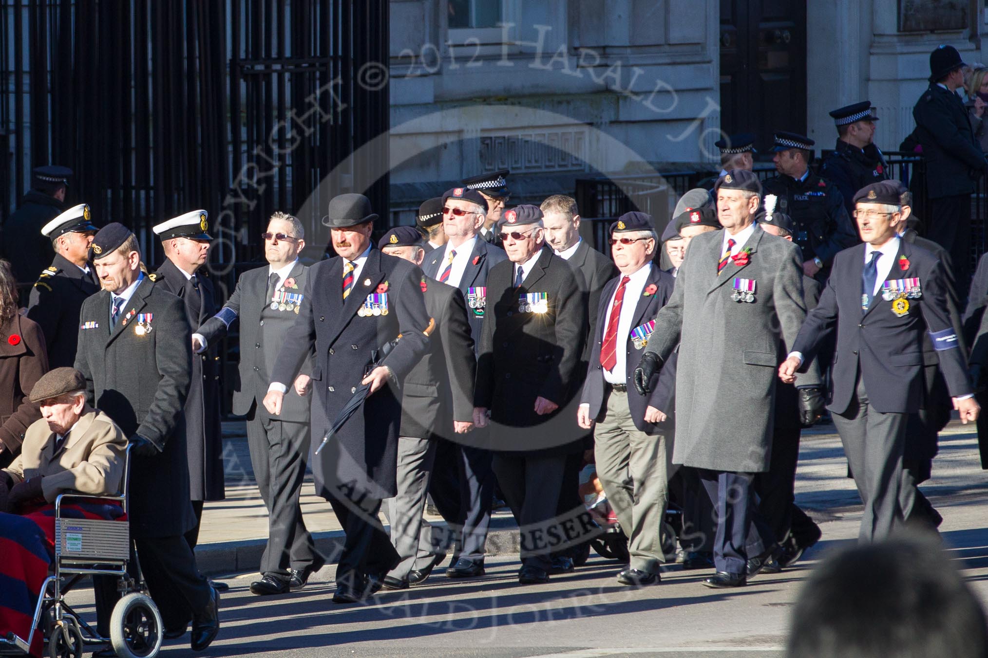 Remembrance Sunday 2012 Cenotaph March Past: Group C1, Blind Veterans UK and B1, Royal Army Medical Corps Association..
Whitehall, Cenotaph,
London SW1,

United Kingdom,
on 11 November 2012 at 11:54, image #802