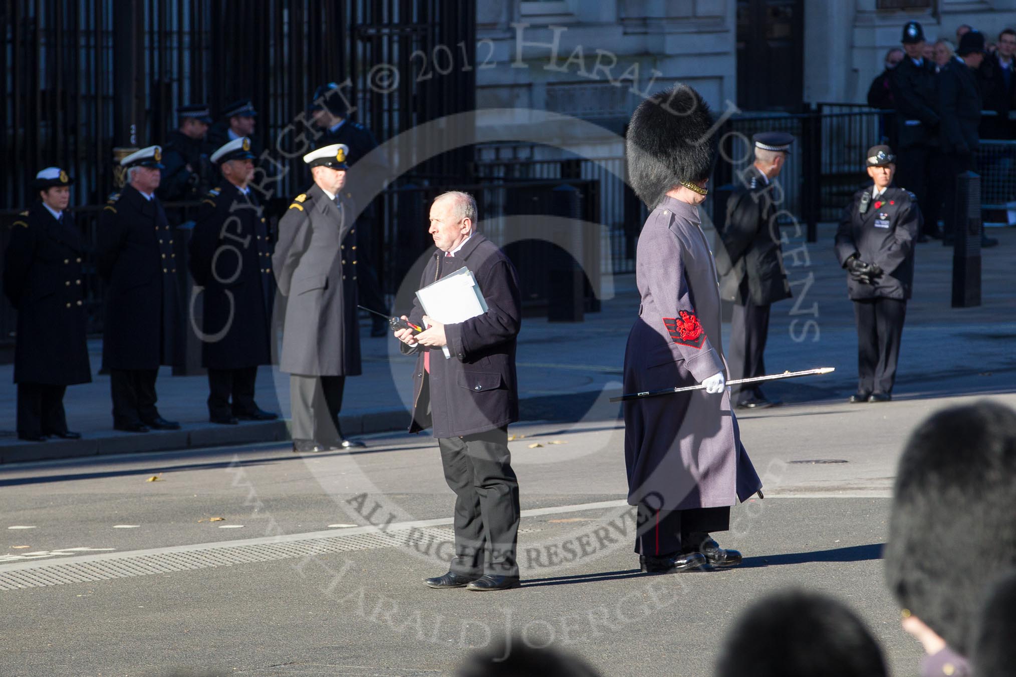 Remembrance Sunday 2012 Cenotaph March Past: The BBC/SIS producer and Garrison Sergeant Major London District William Mott after the March Past..
Whitehall, Cenotaph,
London SW1,

United Kingdom,
on 11 November 2012 at 12:16, image #1767