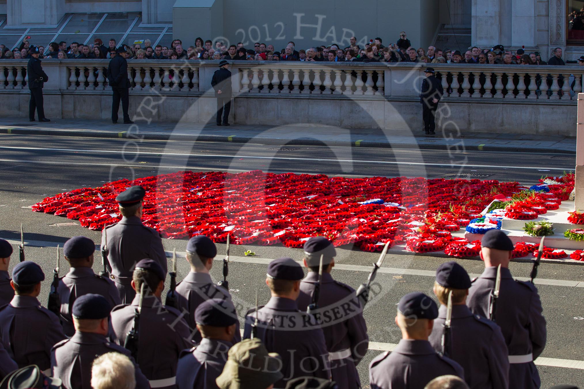 Remembrance Sunday 2012 Cenotaph March Past: Hundreds of wreaths at the Cenotaph after the March Past..
Whitehall, Cenotaph,
London SW1,

United Kingdom,
on 11 November 2012 at 12:25, image #1794