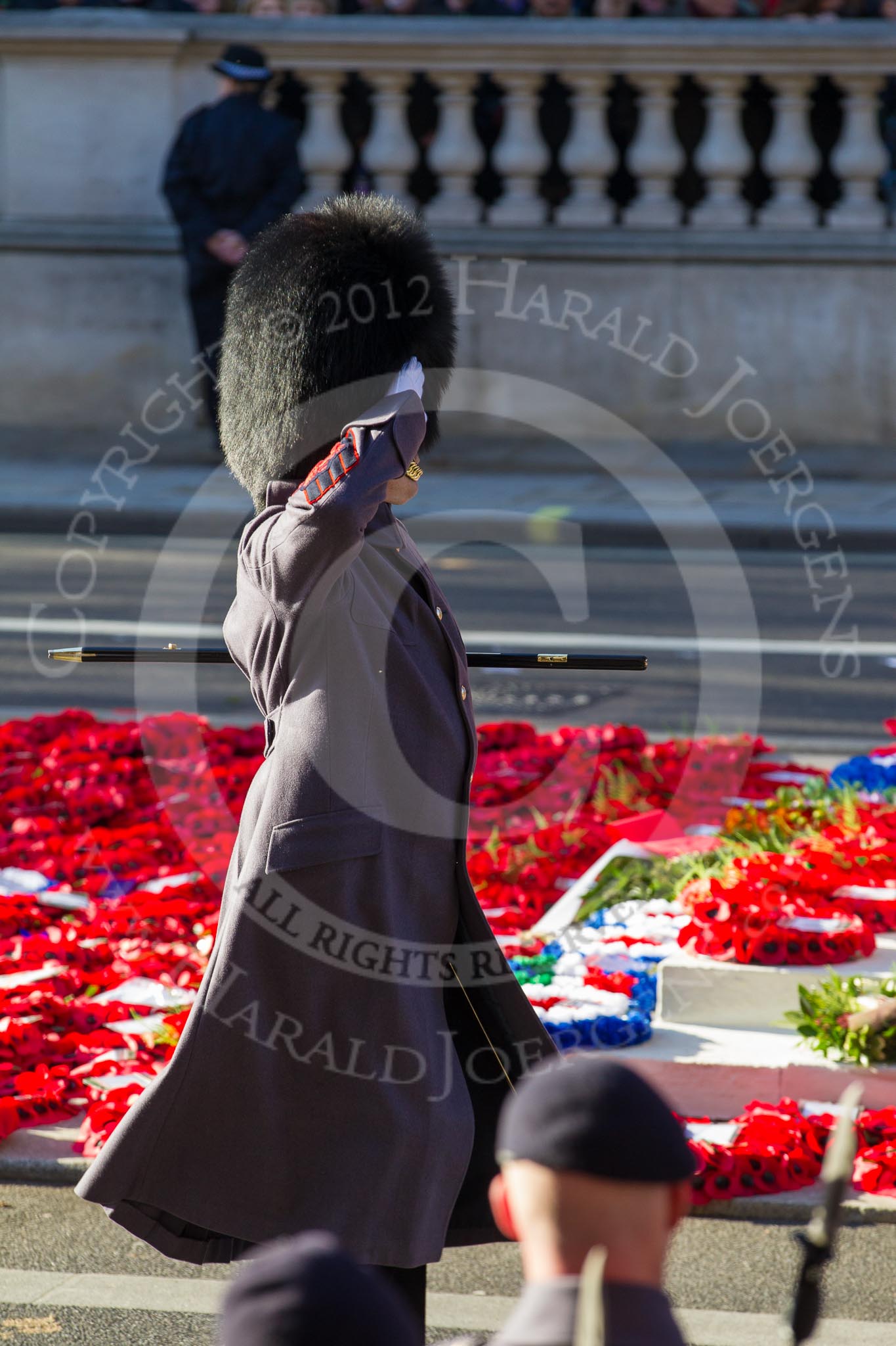 Remembrance Sunday 2012 Cenotaph March Past: Garrison Sergeant Major London District William Mott OBE saluting in front of hundreds of wreaths laid during the March Past at the Cenotaph..
Whitehall, Cenotaph,
London SW1,

United Kingdom,
on 11 November 2012 at 12:26, image #1795