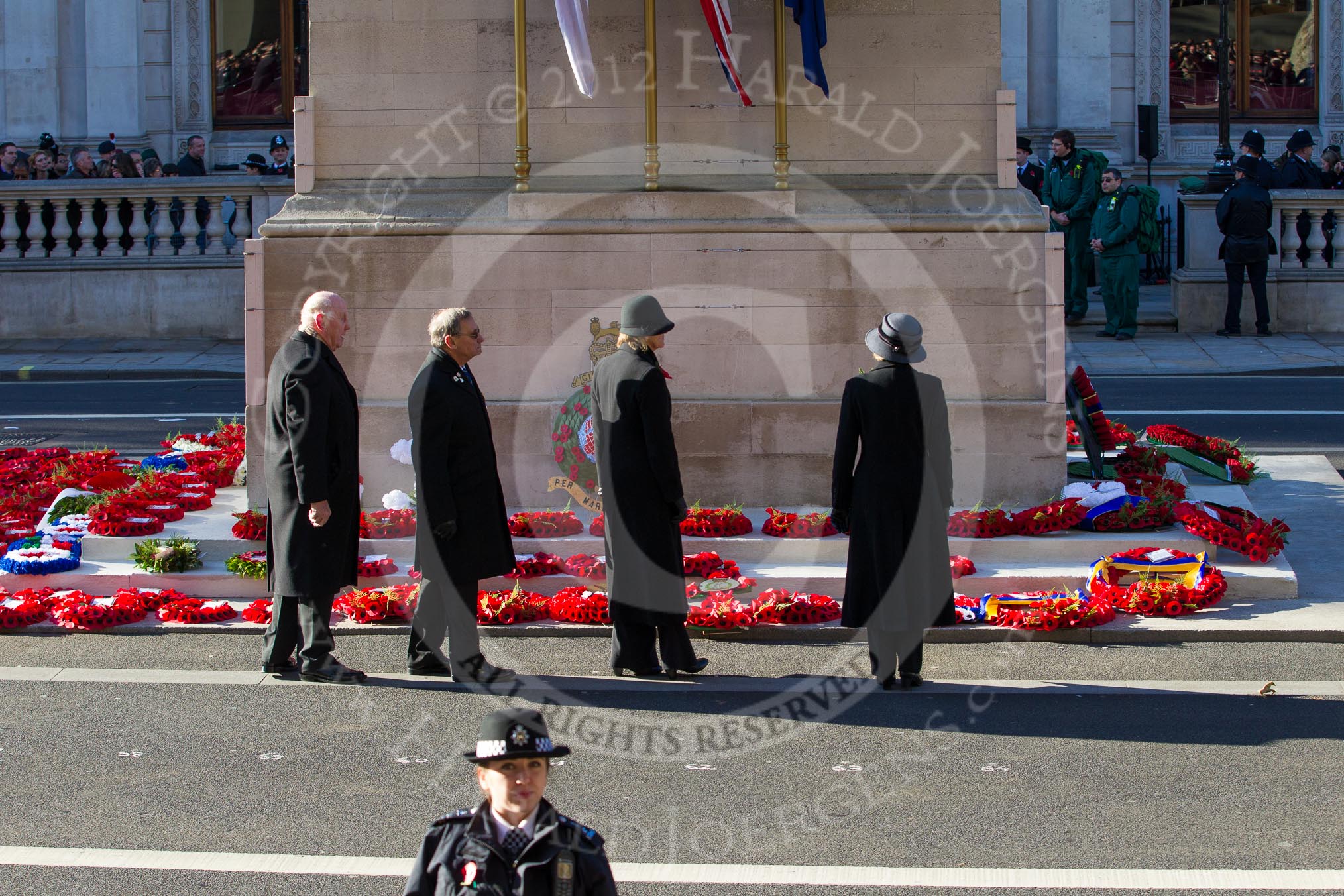 Remembrance Sunday 2012 Cenotaph March Past: The last four wreaths have been laid..
Whitehall, Cenotaph,
London SW1,

United Kingdom,
on 11 November 2012 at 12:34, image #1799