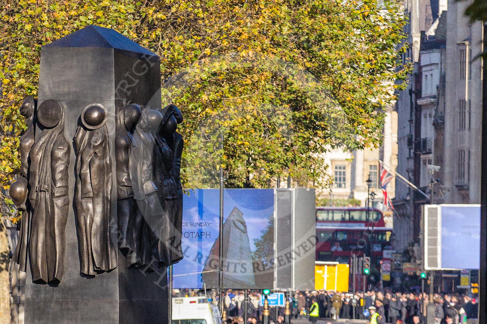 The Monument to the Women of World War II in Whitehall, unveiled at the 60th anniversary of the end of the Second World War by Queen Elizabeth II. Behind two big screens for the BBC live broadcast of tge Cenotaph Ceremony.