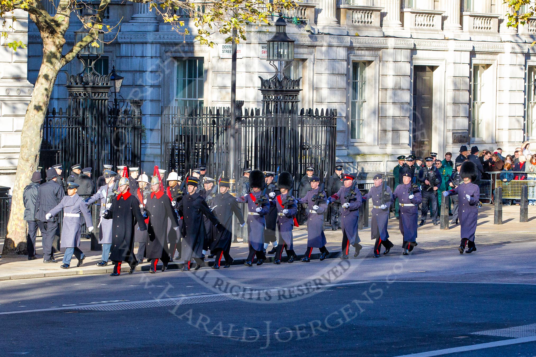 Detachments of various services on the way to the Cenotaph: RAF, Household Cavalry, Royal Marines.