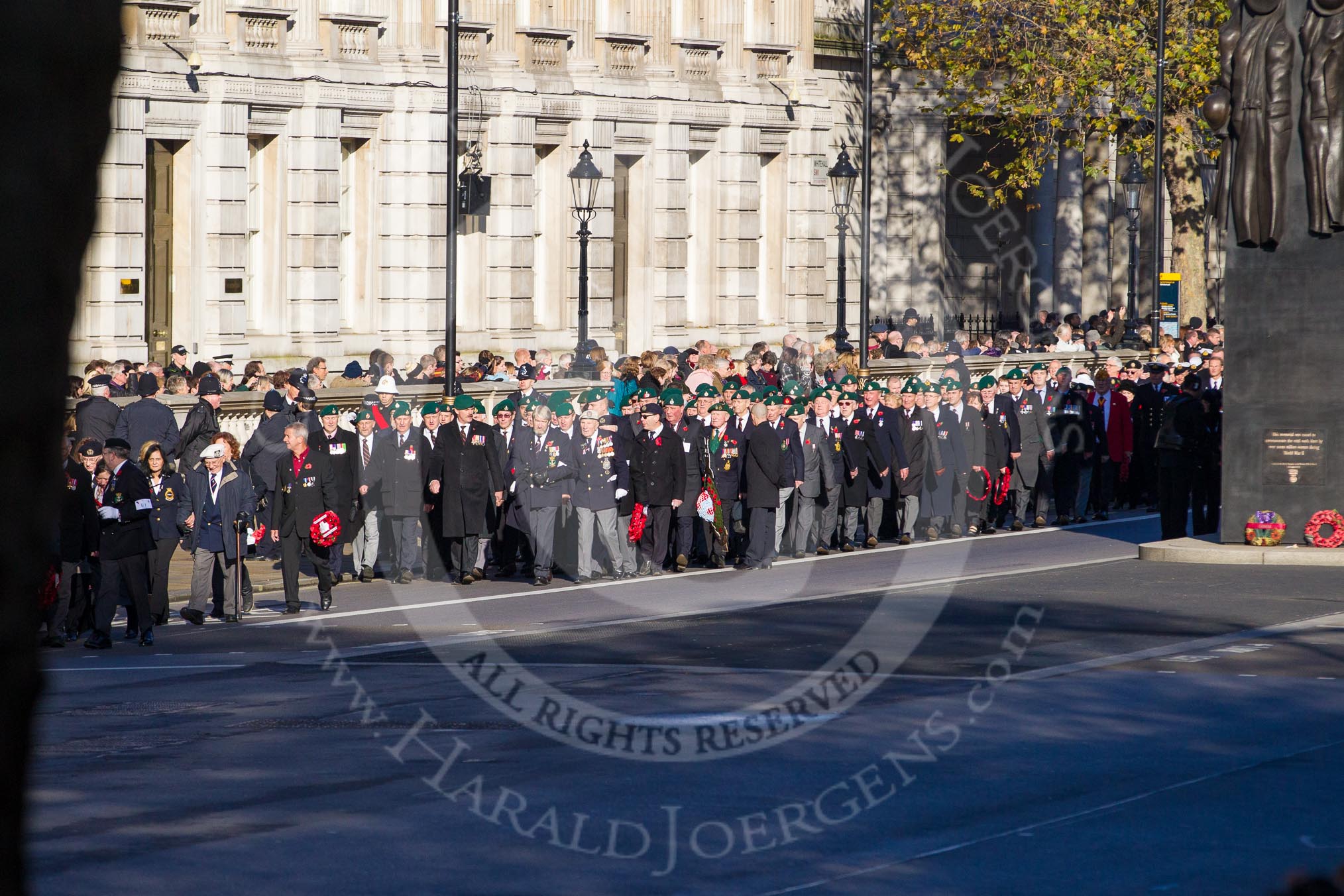 Columns of ex-Srevicemen and women, organized by the Royal British Legion, are moving forward towards the Cenotaph for the march past.