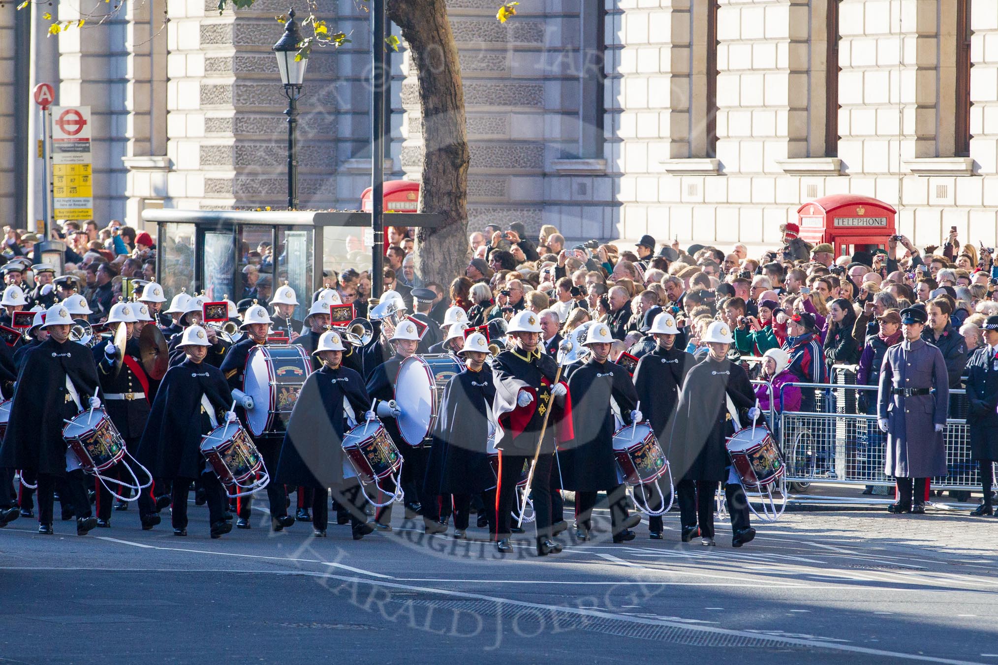 The Band of the Royal Marines arrives from Great George Street, on the western side of Whitehall.