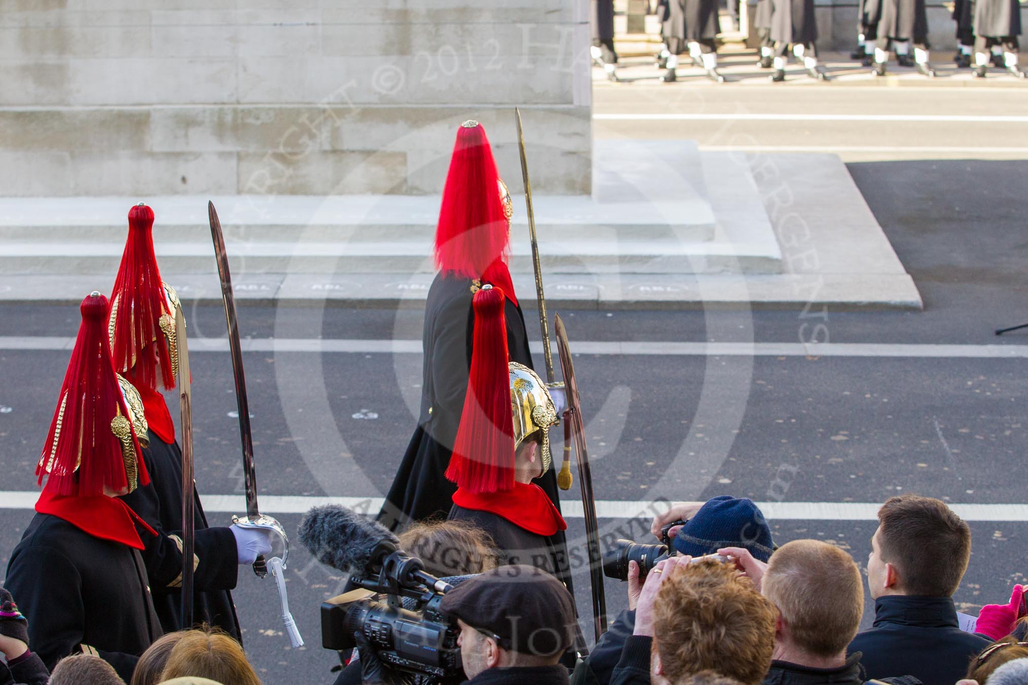 A detachment from the Blues and Royals (Household Cavalry) marching past the spectators in front of the Cenotaph.