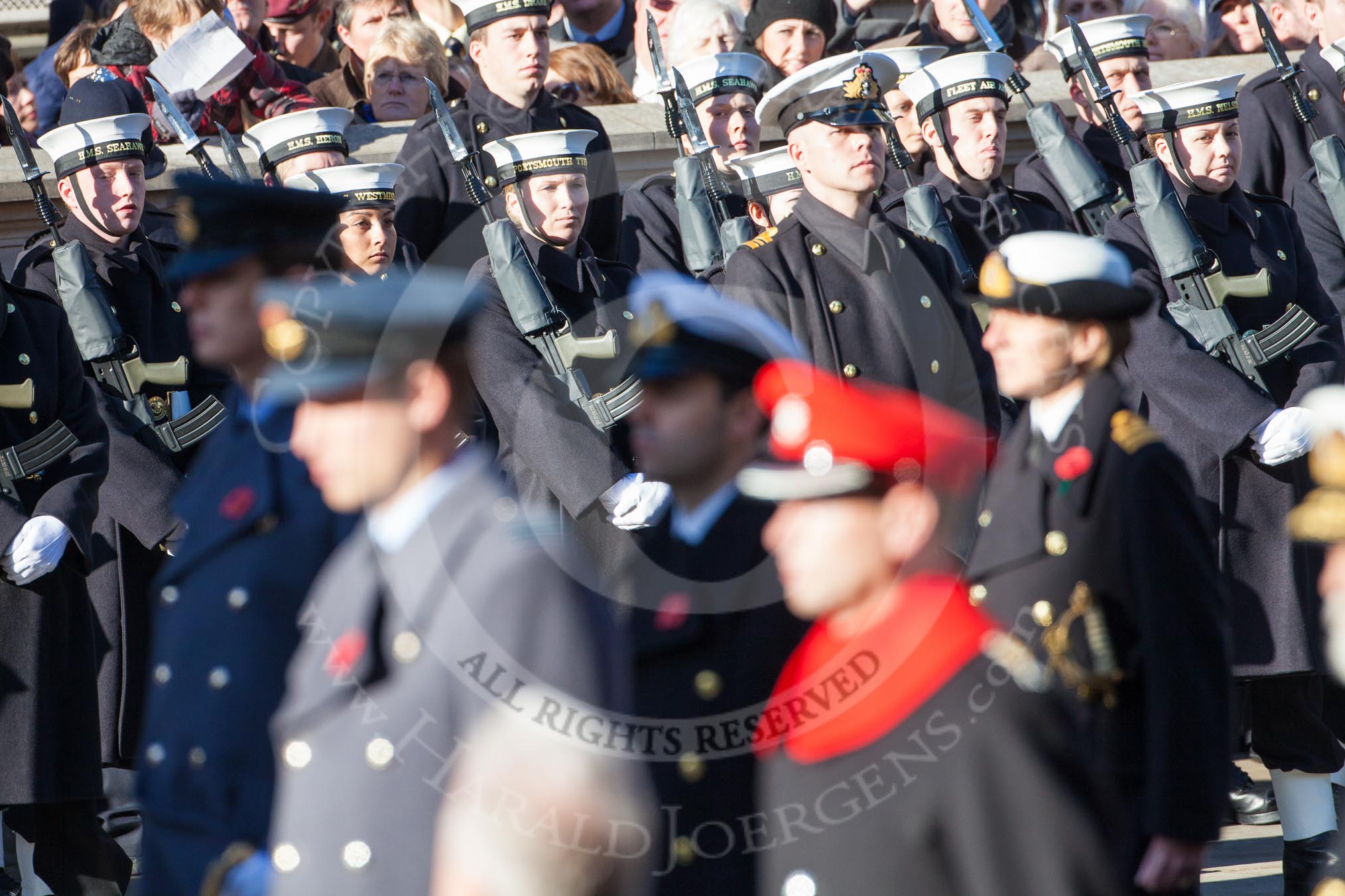 Members of the Royal Navy during the service held by the Bishop of London. In the foreground, and out of focus, the Duke of Cambridge and the Earl of Wessex.
