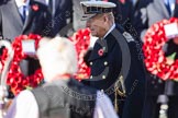HRH The Duke of Edinburgh, about to lay his wreath at the Cenotaph. In the foreground and unsharp the Bishop of London.