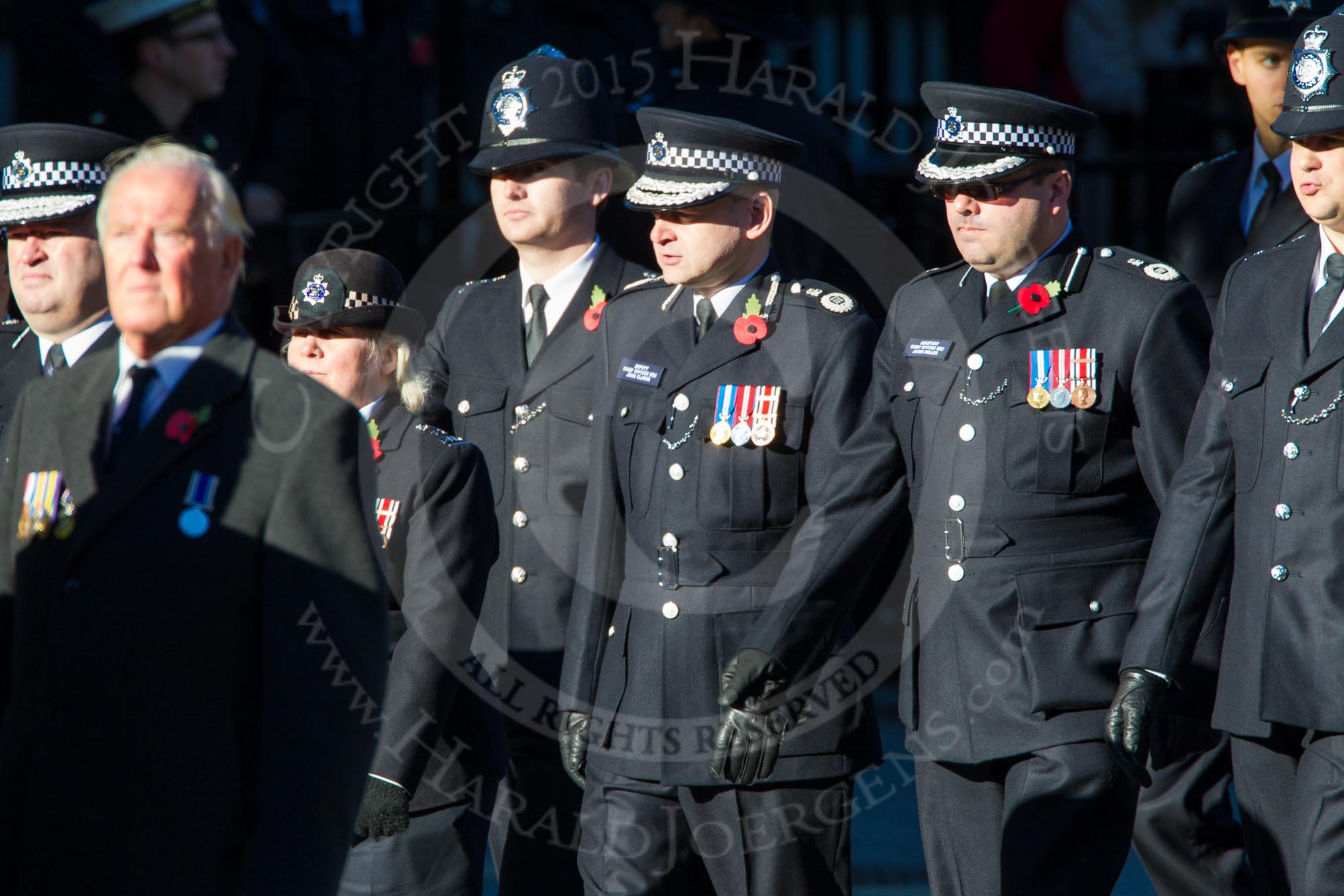 Remembrance Sunday Cenotaph March Past 2013: M13 - Metropolitan Special Constabulary. Special Sergeant Patricia Johnson, Deputy Chief Officer John Clarke, and Assistant Chief Officer James Deller..
Press stand opposite the Foreign Office building, Whitehall, London SW1,
London,
Greater London,
United Kingdom,
on 10 November 2013 at 12:10, image #1958
