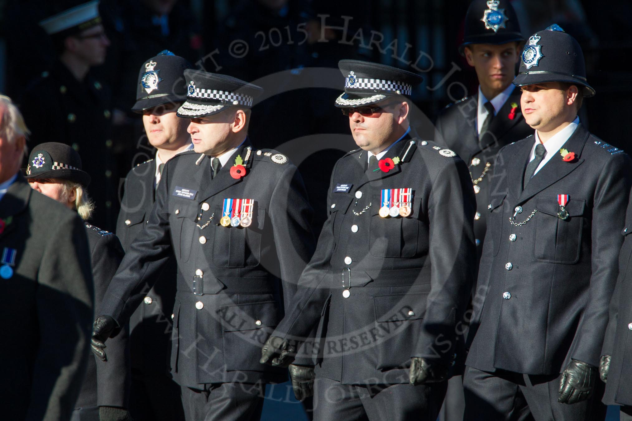 Remembrance Sunday Cenotaph March Past 2013: M13 - Metropolitan Special Constabulary. Deputy Cjief Officer John Clarke and Assistant Chief Officer James Deller..
Press stand opposite the Foreign Office building, Whitehall, London SW1,
London,
Greater London,
United Kingdom,
on 10 November 2013 at 12:10, image #1959