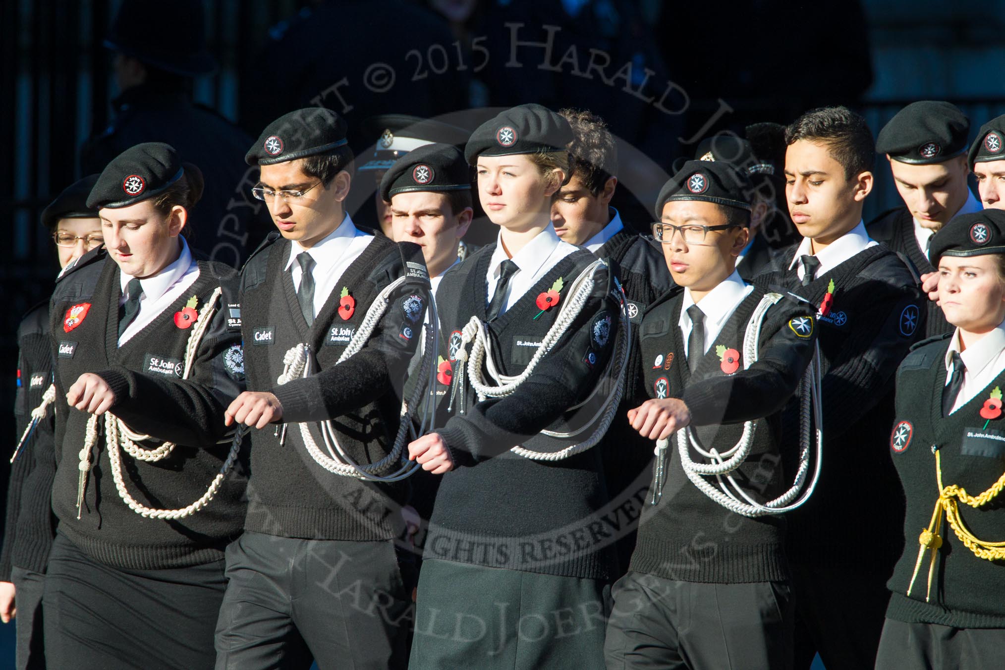 Remembrance Sunday Cenotaph March Past 2013: M55 - St John Ambulance Cadets..
Press stand opposite the Foreign Office building, Whitehall, London SW1,
London,
Greater London,
United Kingdom,
on 10 November 2013 at 12:16, image #2316