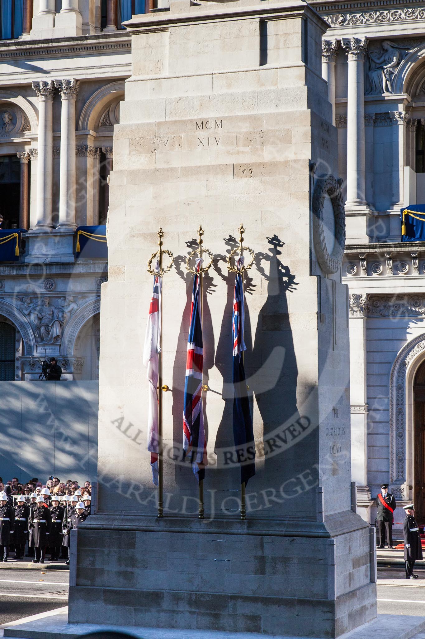 The Cenotaph in the morning sun at 10:20am, minutes before the start of the Cenptaph Ceremony.