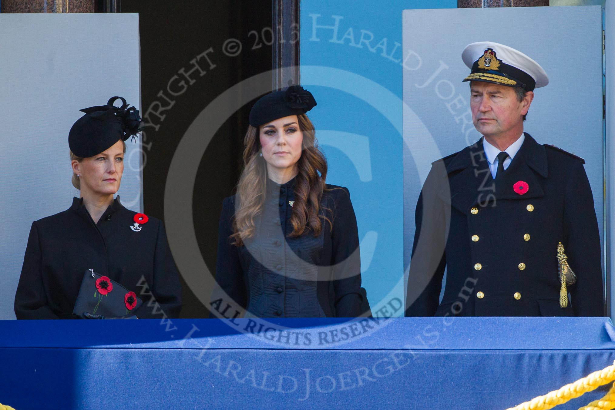 HRH The Countess of Wessex ,HRH The Duchess of Cambridge, Vice Admiral Sir Tim Laurence  on one of the balconies of the Foreign- and Commonwealth Office building.