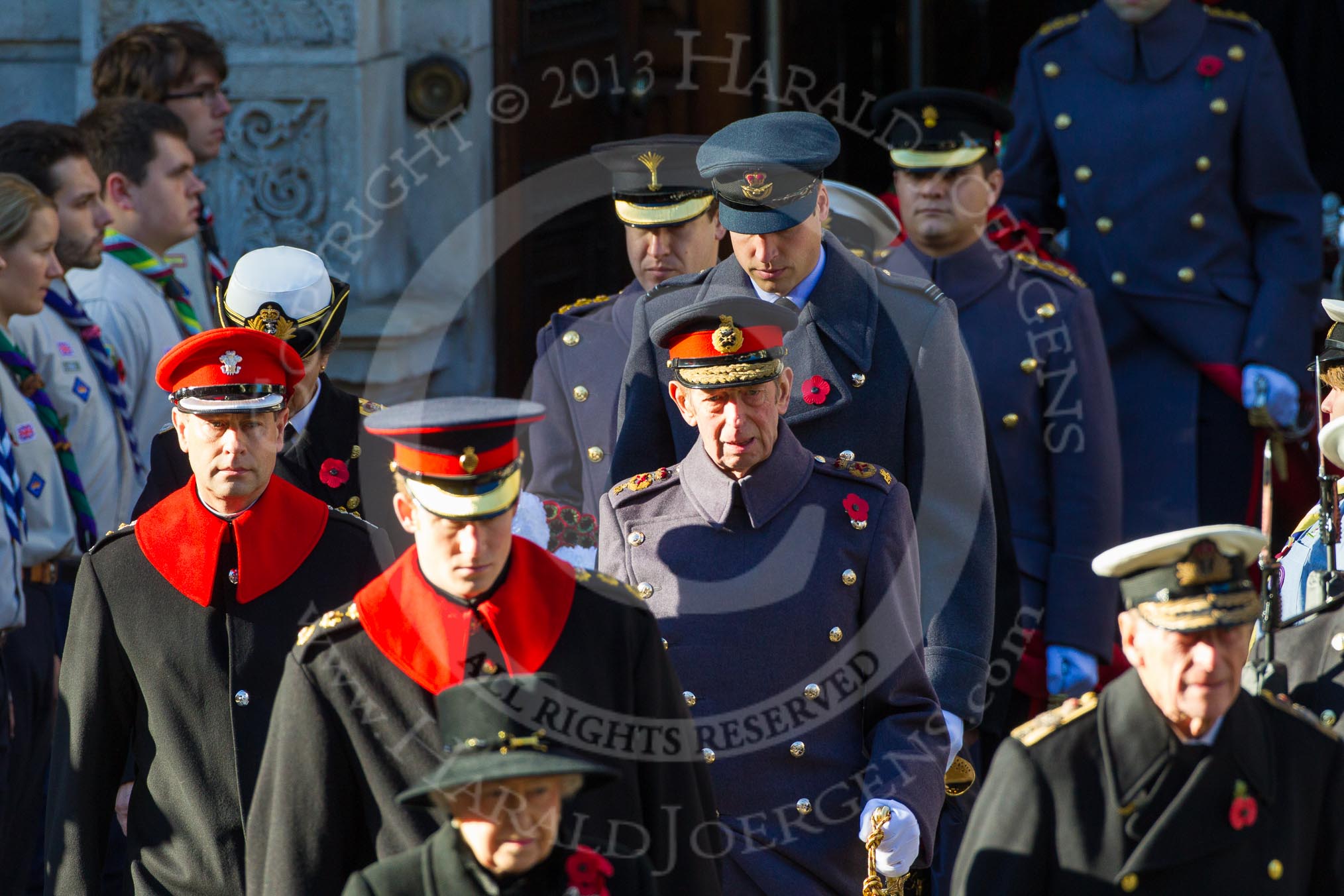 HM The Queen and HRH The Duke of Edinburgh, HRH Prince Henry of Wales, HRH The Duke of Kent, HRH The Earl of Wessex, HRH The Princess Royal, HRH The Duke of Cambridge emerging from the Foreign and Commonwealth Building.