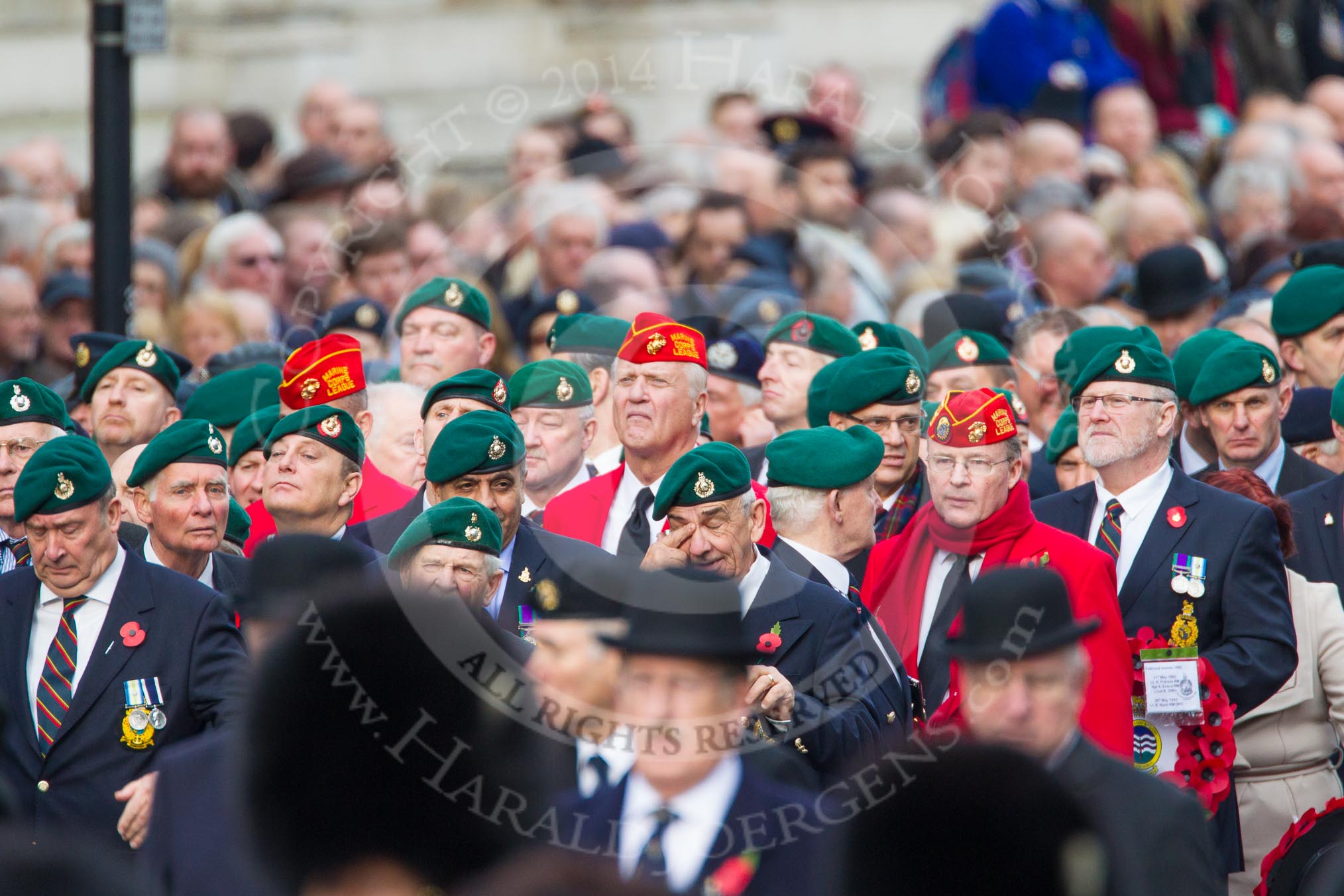 Remembrance Sunday at the Cenotaph in London 2014: Group E1, Royal Marines Association, leading column E.
Press stand opposite the Foreign Office building, Whitehall, London SW1,
London,
Greater London,
United Kingdom,
on 09 November 2014 at 11:32, image #4