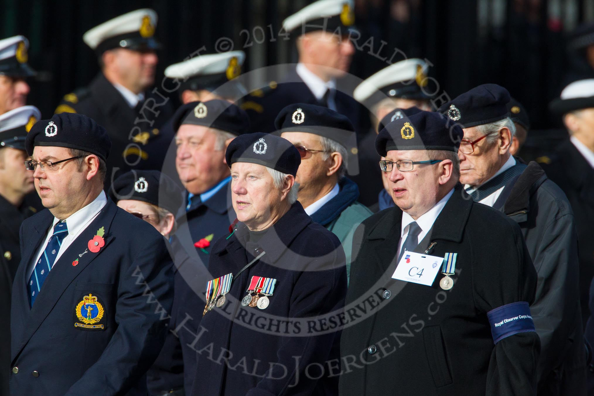 Remembrance Sunday at the Cenotaph in London 2014: Group C4 - Royal Observer Corps Association.
Press stand opposite the Foreign Office building, Whitehall, London SW1,
London,
Greater London,
United Kingdom,
on 09 November 2014 at 11:38, image #89