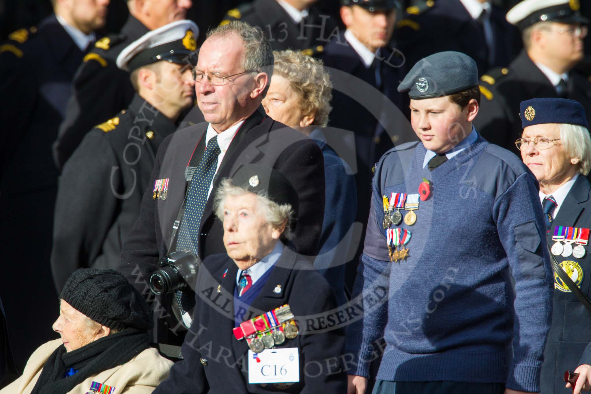 Remembrance Sunday at the Cenotaph in London 2014: Group C16 - Women's Auxiliary Air Force.
Press stand opposite the Foreign Office building, Whitehall, London SW1,
London,
Greater London,
United Kingdom,
on 09 November 2014 at 11:40, image #149