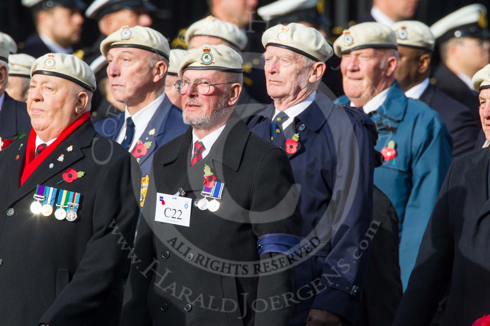 Remembrance Sunday at the Cenotaph in London 2014: Group C22 - Royal Air Force Police Association.
Press stand opposite the Foreign Office building, Whitehall, London SW1,
London,
Greater London,
United Kingdom,
on 09 November 2014 at 11:41, image #186