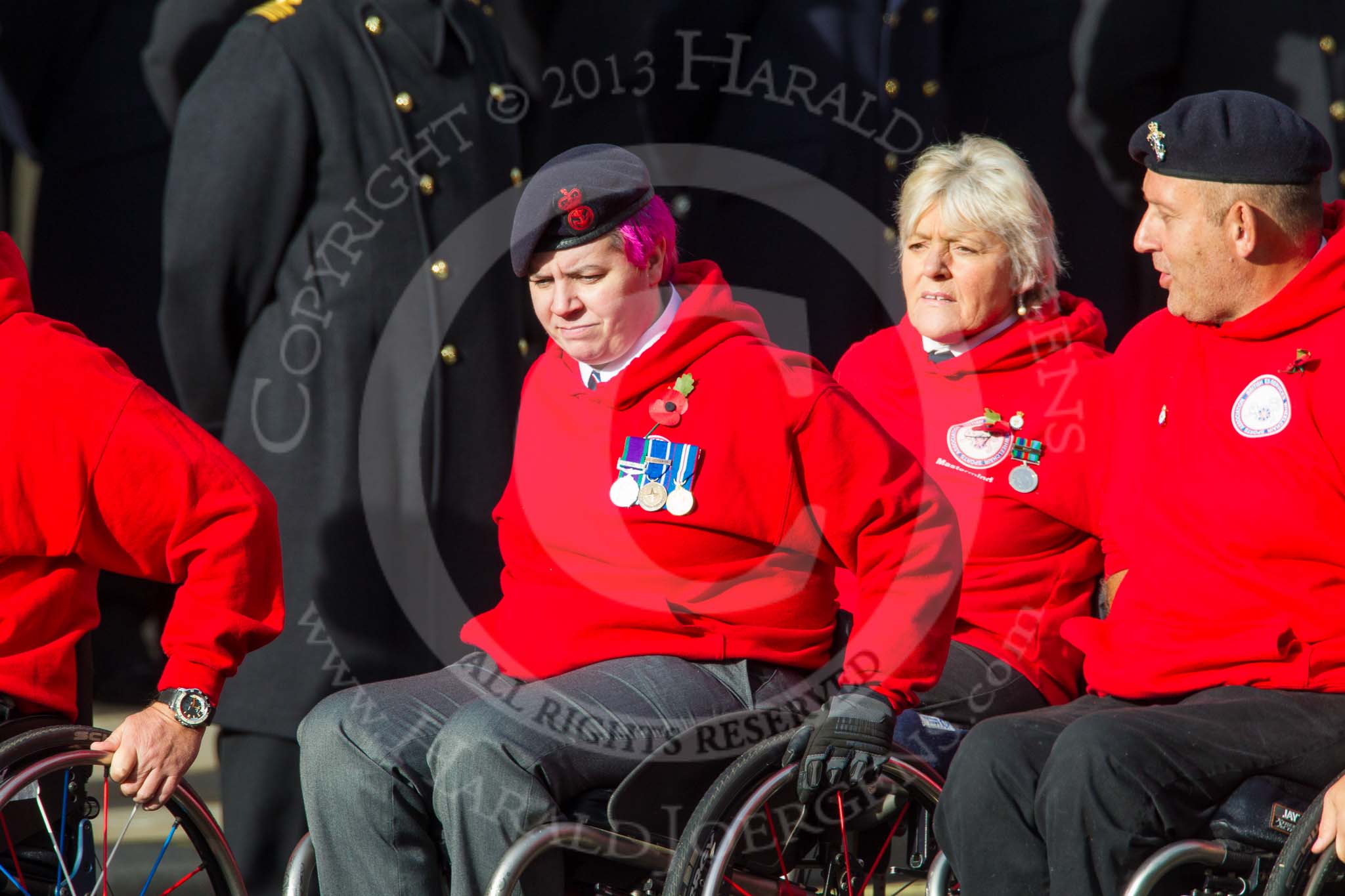 Remembrance Sunday at the Cenotaph in London 2014: Group C25 - British Ex-Services Wheelchair Sports Association.
Press stand opposite the Foreign Office building, Whitehall, London SW1,
London,
Greater London,
United Kingdom,
on 09 November 2014 at 11:42, image #227