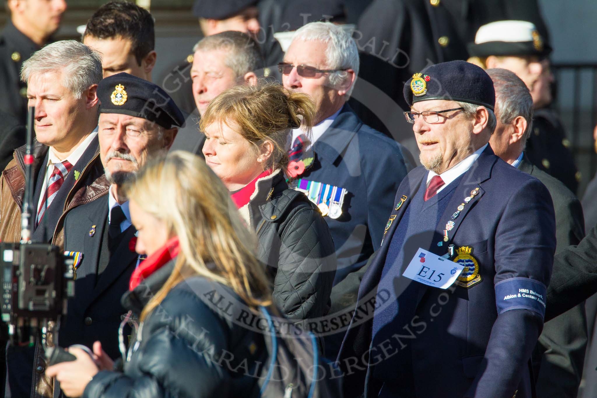 Remembrance Sunday at the Cenotaph in London 2014: E15 - HMS Bulwark, Albion & Centaur Association.
Press stand opposite the Foreign Office building, Whitehall, London SW1,
London,
Greater London,
United Kingdom,
on 09 November 2014 at 11:51, image #685