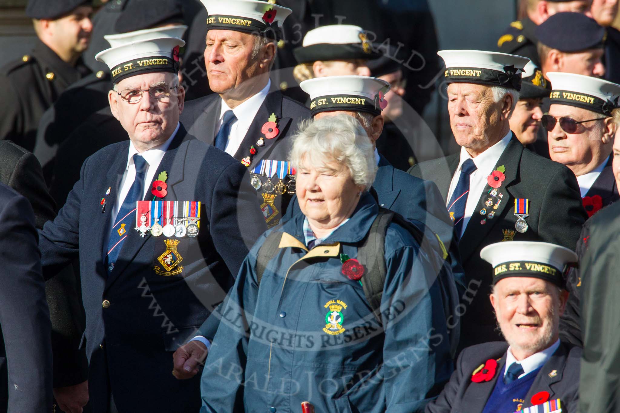 Remembrance Sunday at the Cenotaph in London 2014: Group E19 - HMS St Vincent Association.
Press stand opposite the Foreign Office building, Whitehall, London SW1,
London,
Greater London,
United Kingdom,
on 09 November 2014 at 11:52, image #716