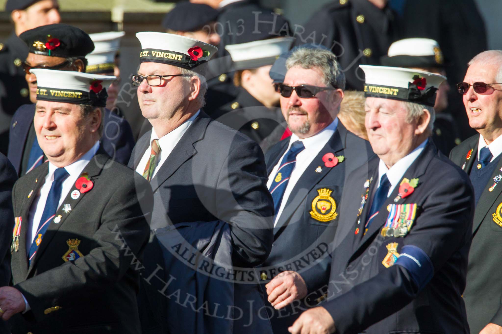 Remembrance Sunday at the Cenotaph in London 2014: Group E19 - HMS St Vincent Association.
Press stand opposite the Foreign Office building, Whitehall, London SW1,
London,
Greater London,
United Kingdom,
on 09 November 2014 at 11:52, image #720