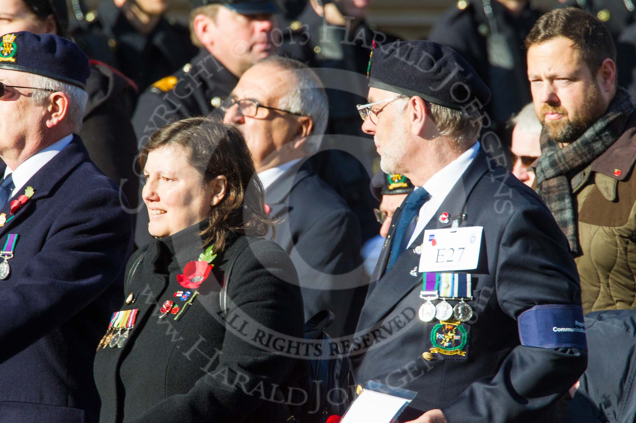 Remembrance Sunday at the Cenotaph in London 2014: Group E27 - Royal Naval Communications Association.
Press stand opposite the Foreign Office building, Whitehall, London SW1,
London,
Greater London,
United Kingdom,
on 09 November 2014 at 11:53, image #789