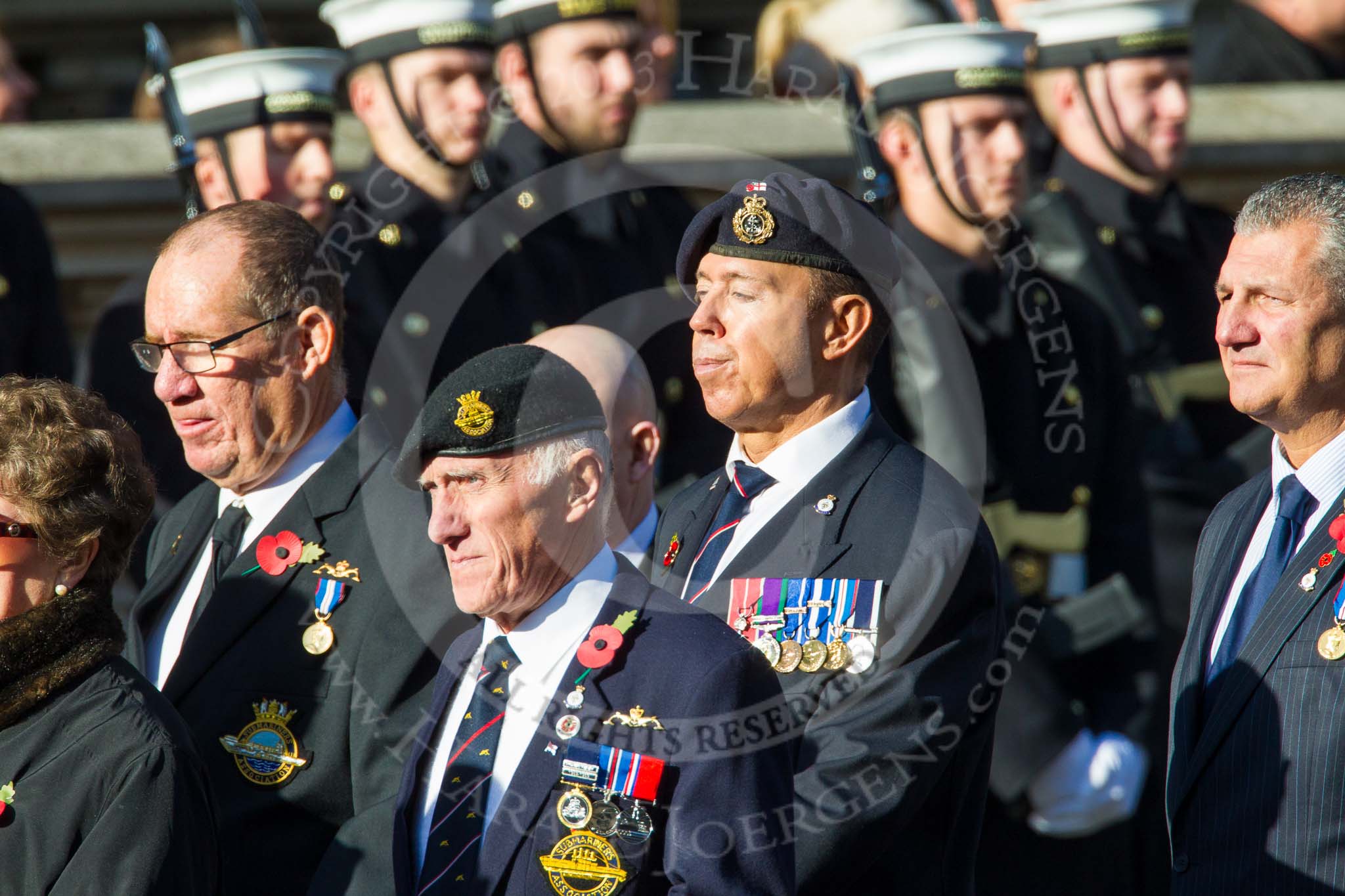 Remembrance Sunday at the Cenotaph in London 2014: Group E33 - Submariners Association.
Press stand opposite the Foreign Office building, Whitehall, London SW1,
London,
Greater London,
United Kingdom,
on 09 November 2014 at 11:54, image #827