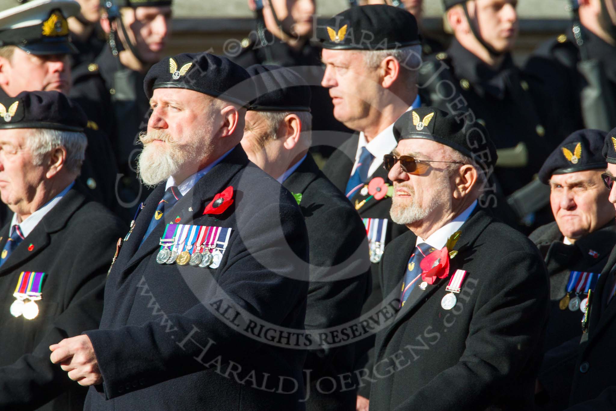 Remembrance Sunday at the Cenotaph in London 2014: Group E38 - Aircrewmans Association.
Press stand opposite the Foreign Office building, Whitehall, London SW1,
London,
Greater London,
United Kingdom,
on 09 November 2014 at 11:54, image #858
