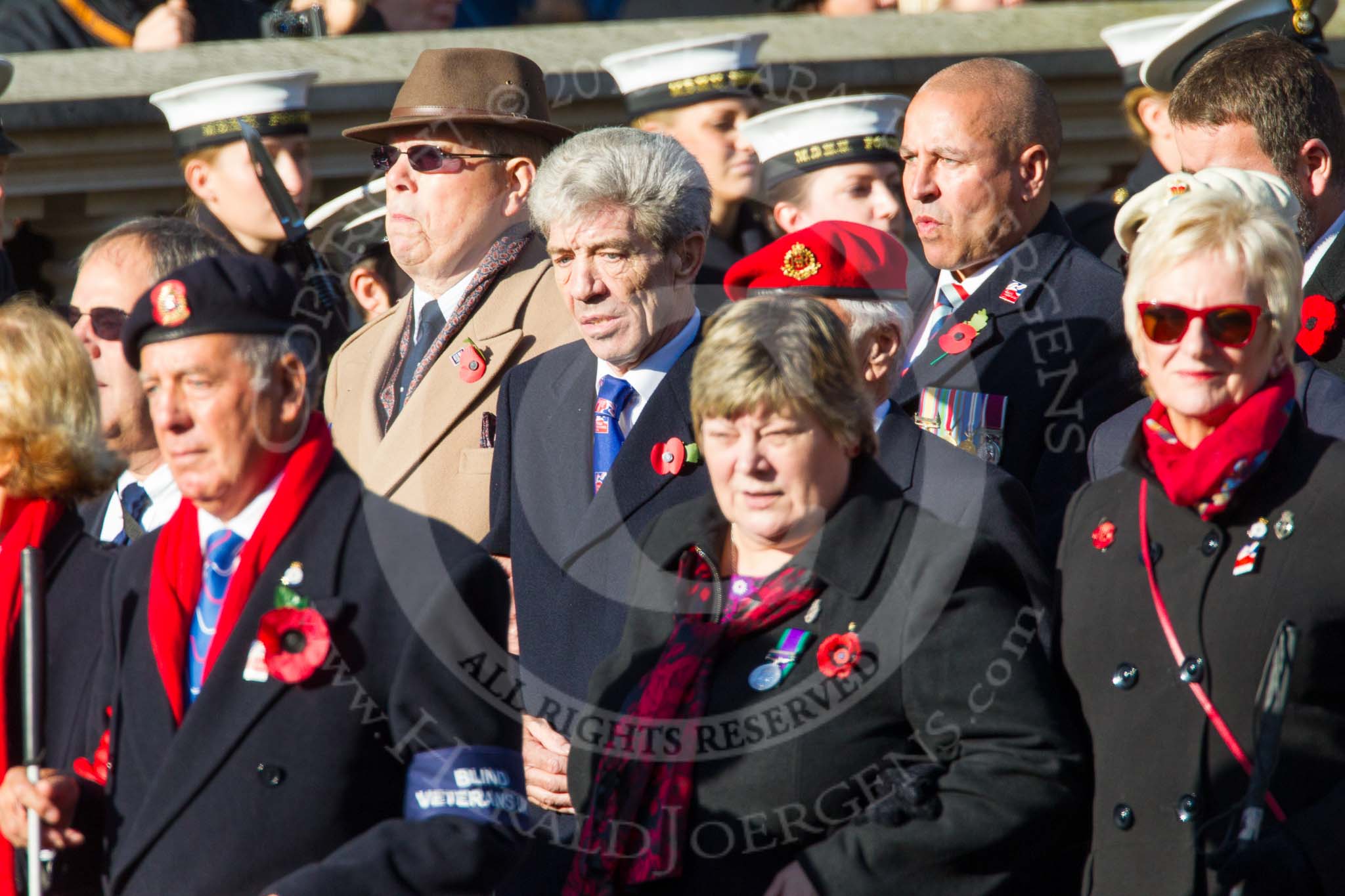 Remembrance Sunday at the Cenotaph in London 2014: Group A1 - Blind Veterans UK.
Press stand opposite the Foreign Office building, Whitehall, London SW1,
London,
Greater London,
United Kingdom,
on 09 November 2014 at 11:56, image #901