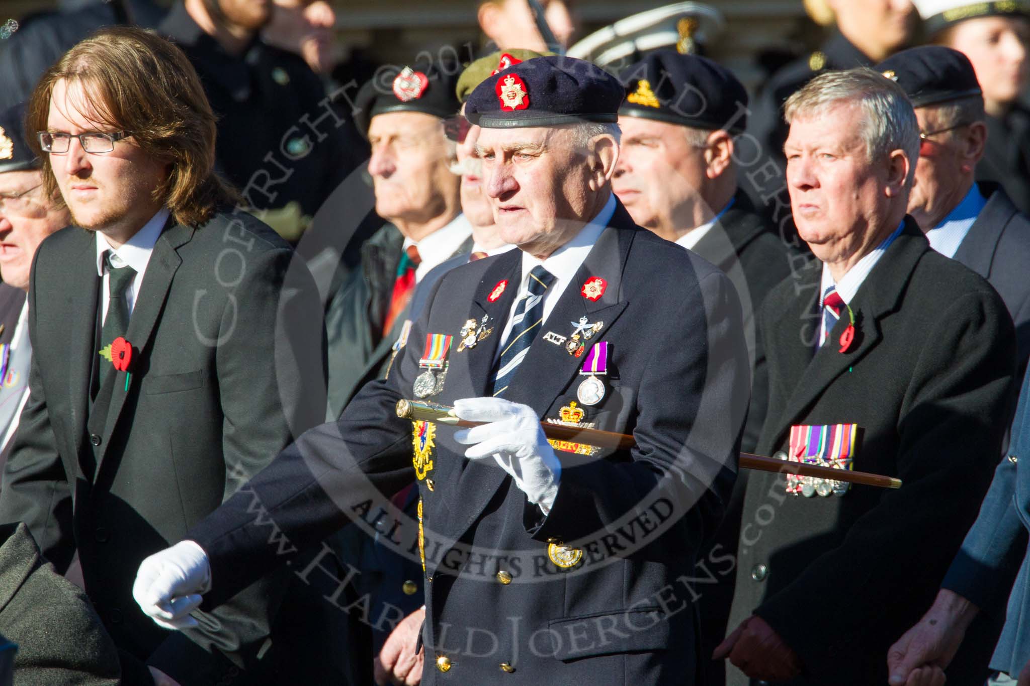 Remembrance Sunday at the Cenotaph in London 2014: Group F12- National Service Veterans Alliance.
Press stand opposite the Foreign Office building, Whitehall, London SW1,
London,
Greater London,
United Kingdom,
on 09 November 2014 at 11:57, image #996