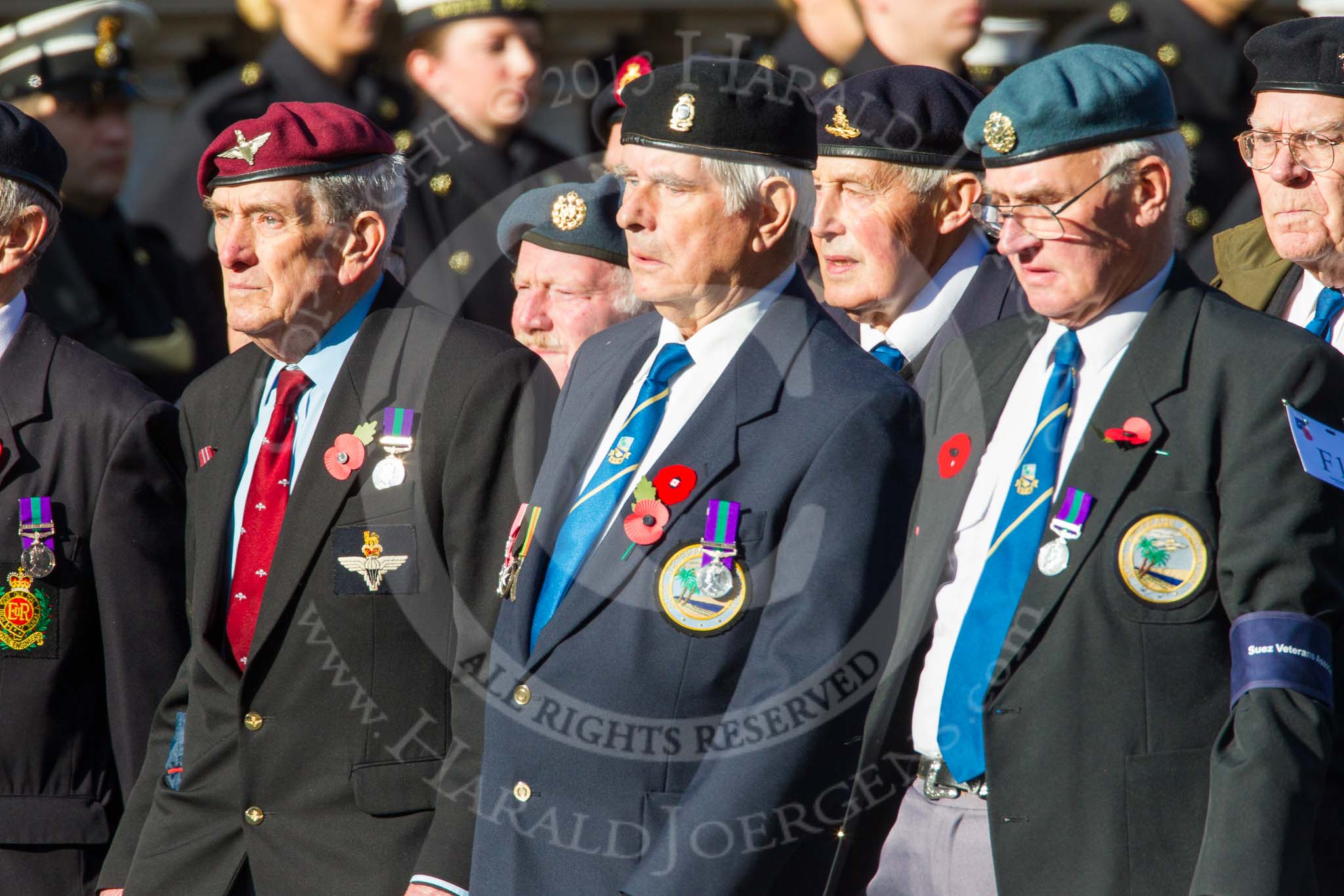 Remembrance Sunday at the Cenotaph in London 2014: Group F17 - Suez Veterans Association.
Press stand opposite the Foreign Office building, Whitehall, London SW1,
London,
Greater London,
United Kingdom,
on 09 November 2014 at 11:58, image #1059