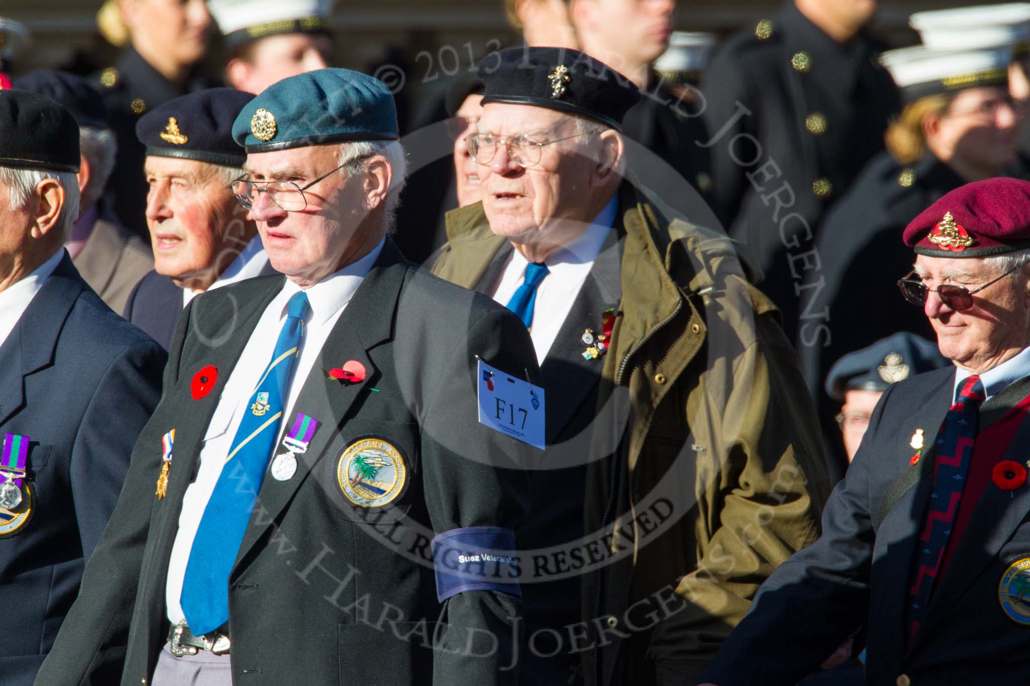 Remembrance Sunday at the Cenotaph in London 2014: Group F17 - Suez Veterans Association.
Press stand opposite the Foreign Office building, Whitehall, London SW1,
London,
Greater London,
United Kingdom,
on 09 November 2014 at 11:58, image #1061