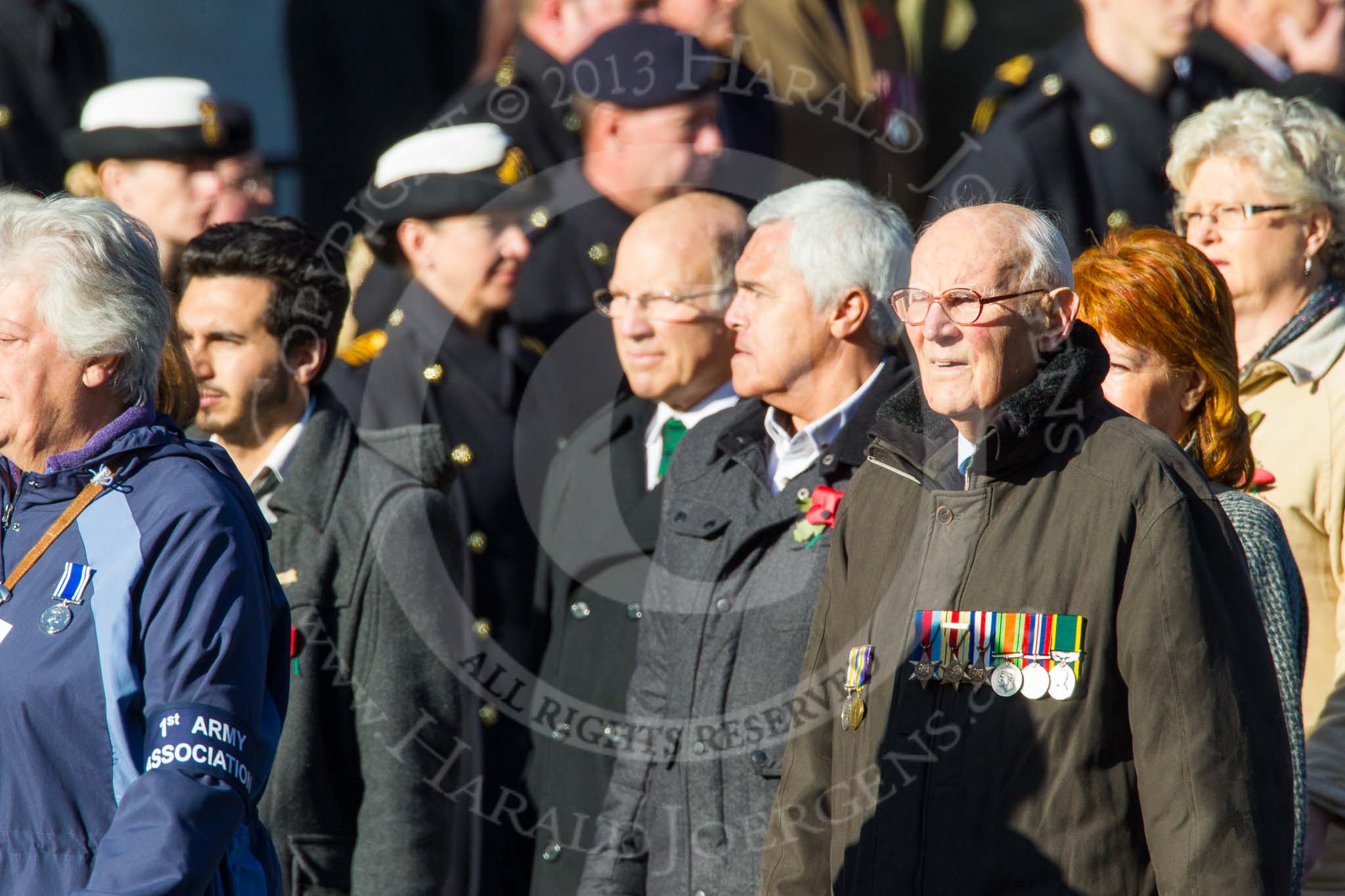 Remembrance Sunday at the Cenotaph in London 2014: Group F19 - 1st Army Association.
Press stand opposite the Foreign Office building, Whitehall, London SW1,
London,
Greater London,
United Kingdom,
on 09 November 2014 at 11:59, image #1089