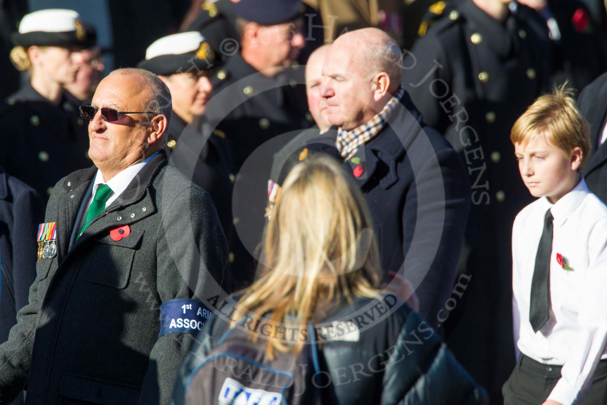 Remembrance Sunday at the Cenotaph in London 2014: Group F19 - 1st Army Association.
Press stand opposite the Foreign Office building, Whitehall, London SW1,
London,
Greater London,
United Kingdom,
on 09 November 2014 at 11:59, image #1096