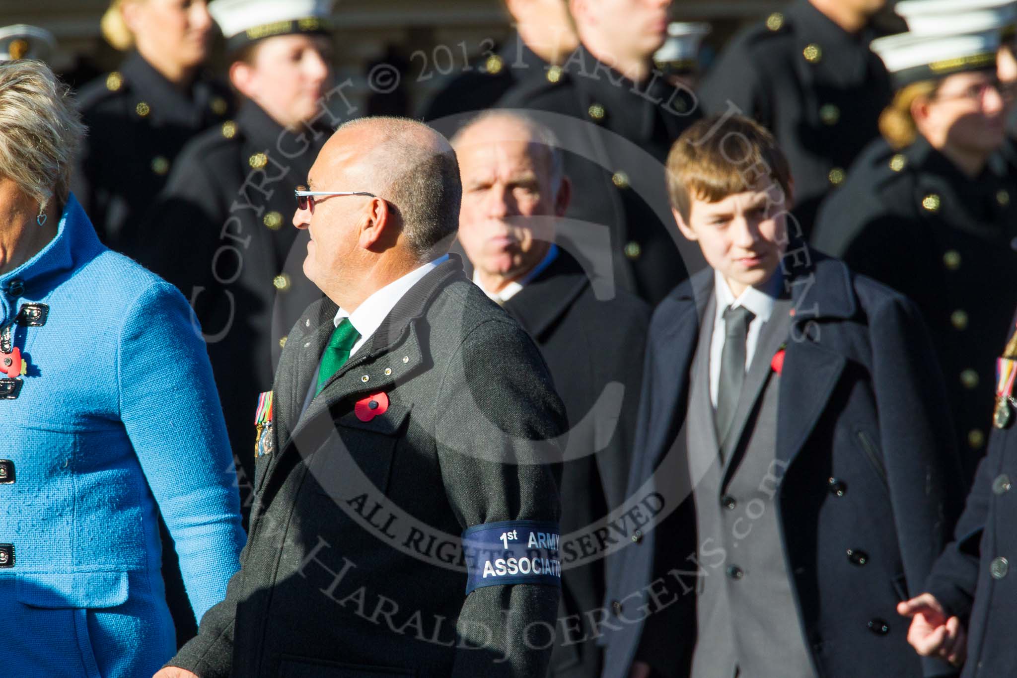 Remembrance Sunday at the Cenotaph in London 2014: Group F19 - 1st Army Association.
Press stand opposite the Foreign Office building, Whitehall, London SW1,
London,
Greater London,
United Kingdom,
on 09 November 2014 at 11:59, image #1098