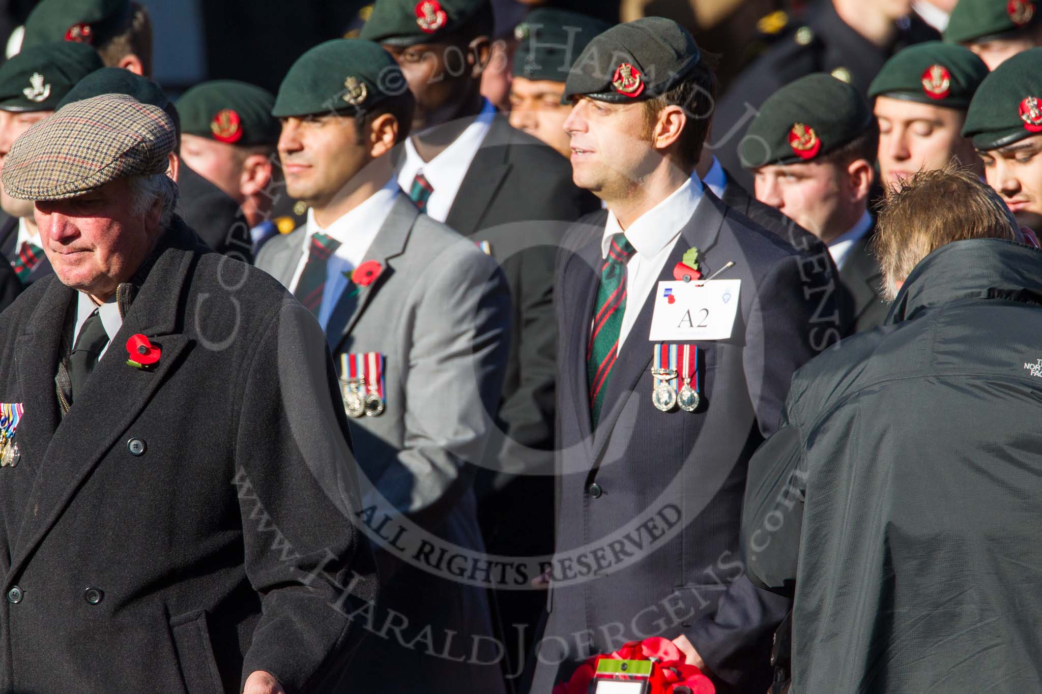 Remembrance Sunday at the Cenotaph in London 2014: Group A2 - Rifles Regimental Association.
Press stand opposite the Foreign Office building, Whitehall, London SW1,
London,
Greater London,
United Kingdom,
on 09 November 2014 at 11:59, image #1112