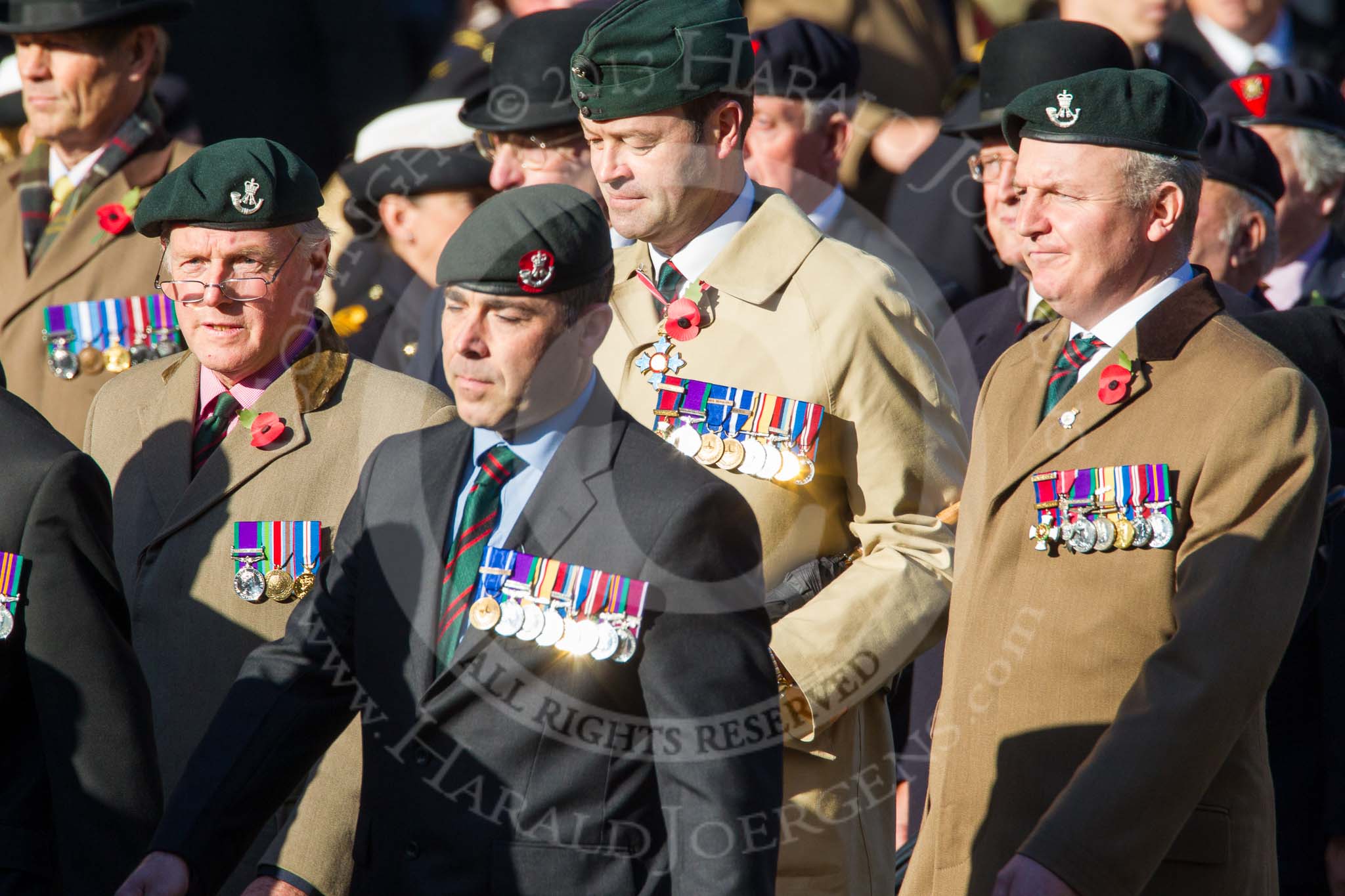 Remembrance Sunday at the Cenotaph in London 2014: Group A2 - Rifles Regimental Association.
Press stand opposite the Foreign Office building, Whitehall, London SW1,
London,
Greater London,
United Kingdom,
on 09 November 2014 at 11:59, image #1119