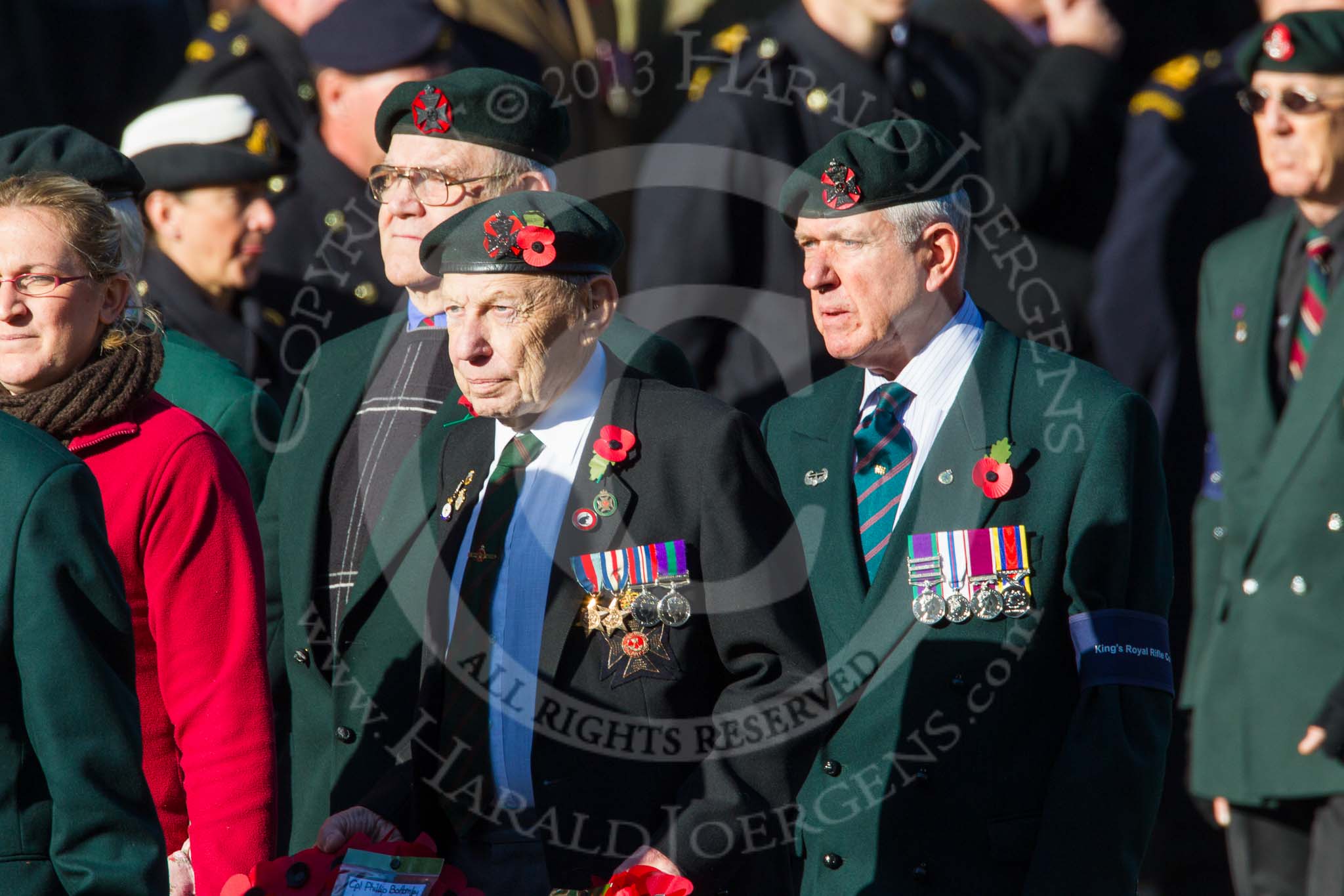 Remembrance Sunday at the Cenotaph in London 2014: Group A6 - King's Royal Rifle Corps Association.
Press stand opposite the Foreign Office building, Whitehall, London SW1,
London,
Greater London,
United Kingdom,
on 09 November 2014 at 12:00, image #1148
