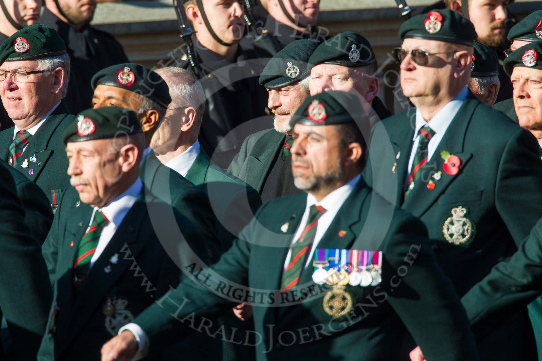 Remembrance Sunday at the Cenotaph in London 2014: Group A9 - Royal Green Jackets Association.
Press stand opposite the Foreign Office building, Whitehall, London SW1,
London,
Greater London,
United Kingdom,
on 09 November 2014 at 12:01, image #1172