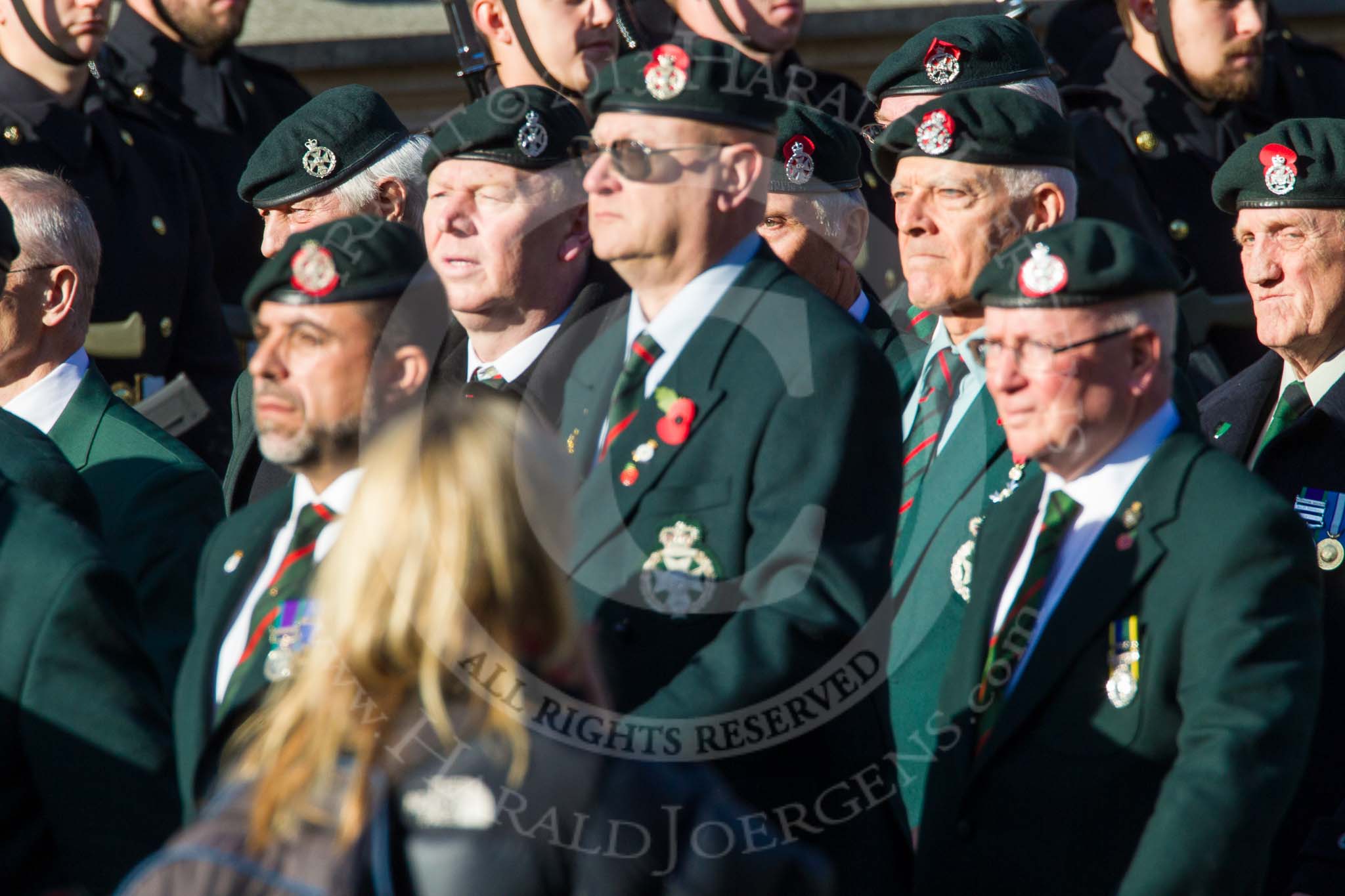 Remembrance Sunday at the Cenotaph in London 2014: Group A9 - Royal Green Jackets Association.
Press stand opposite the Foreign Office building, Whitehall, London SW1,
London,
Greater London,
United Kingdom,
on 09 November 2014 at 12:01, image #1173